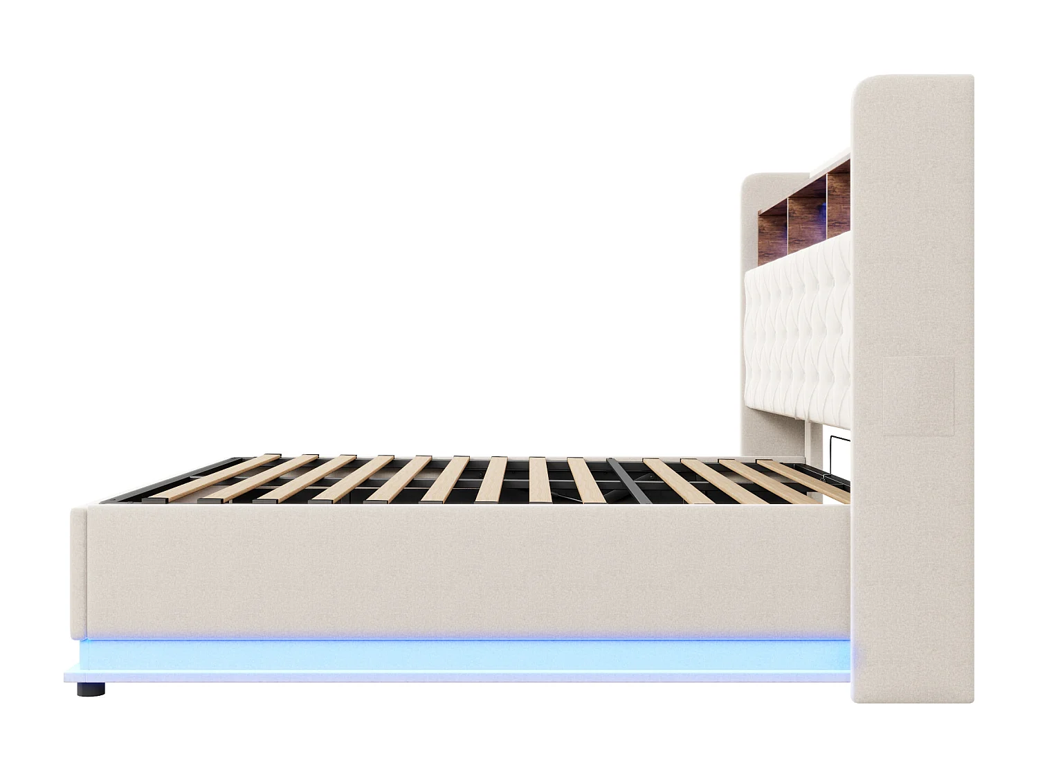 Cama baú casal 180x200 cm com LED e USB Tipo-C, linho bege, sem colchão