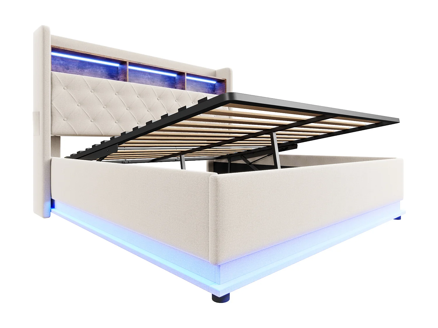 Cama baú casal 180x200 cm com LED e USB Tipo-C, linho bege, sem colchão
