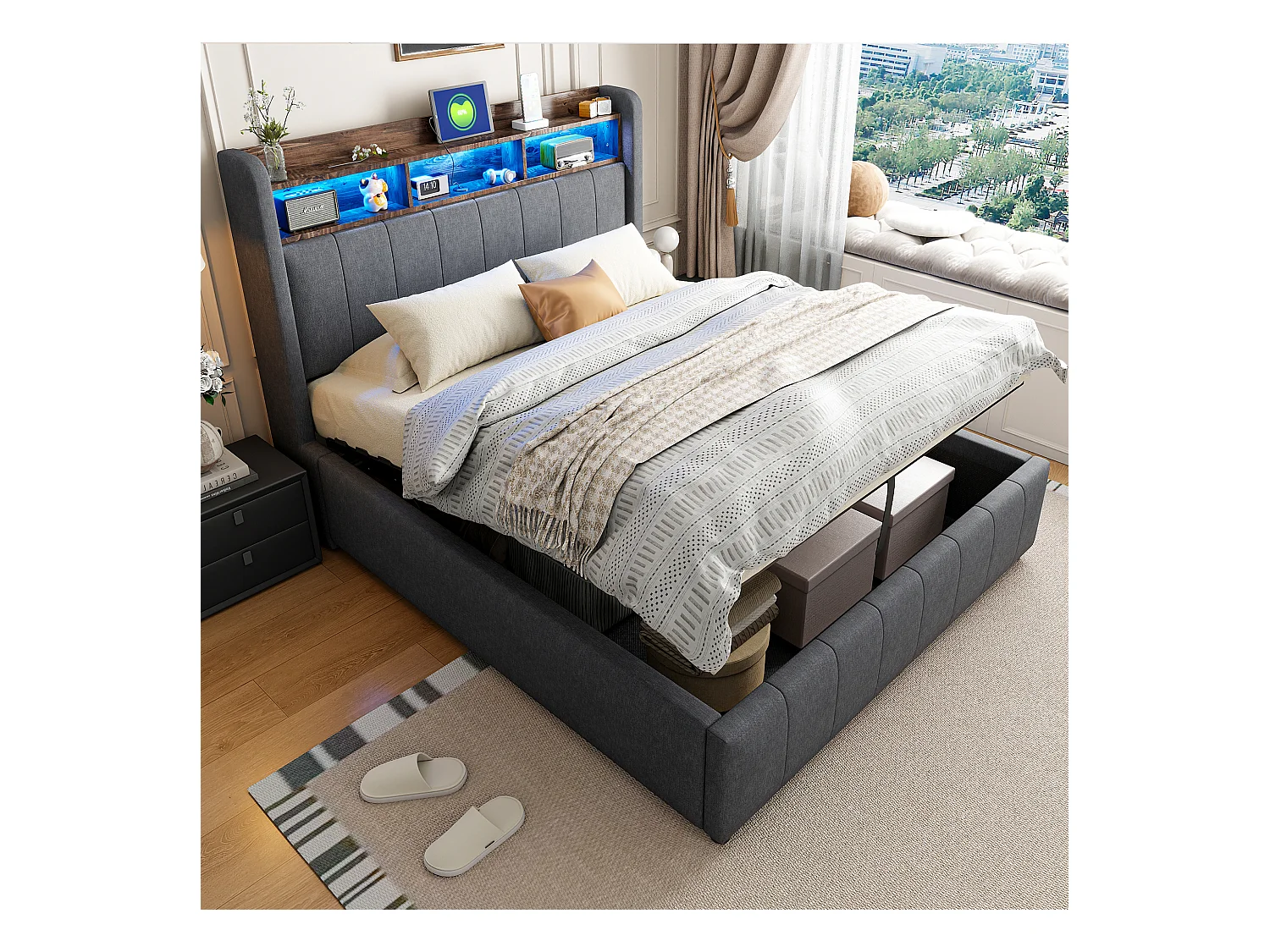 Lit coffre adulte 140x200cm avec LED et USB Type-C, lin, gris, sans matelas