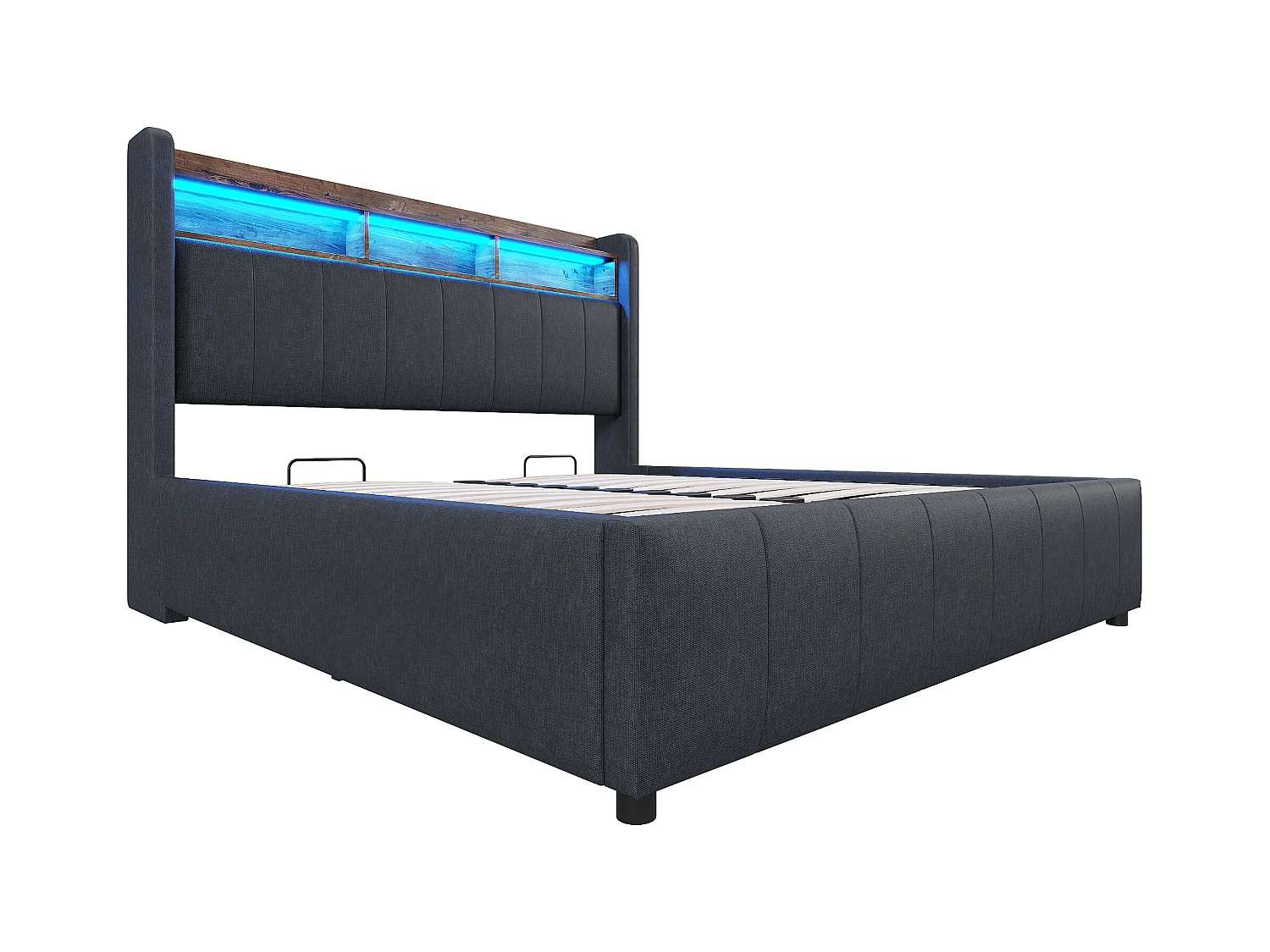 Tweepersoonsbed met opbergruimte 140x200 cm, met LED en USB Type-C, linnen grijs, zonder matras