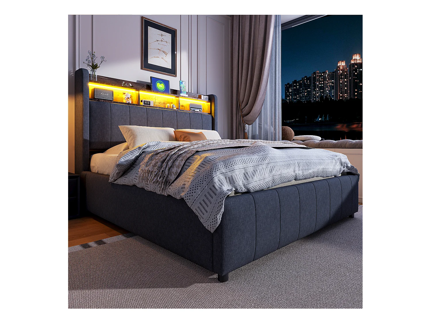 Tweepersoonsbed met opbergruimte 140x200 cm, met LED en USB Type-C, linnen grijs, zonder matras