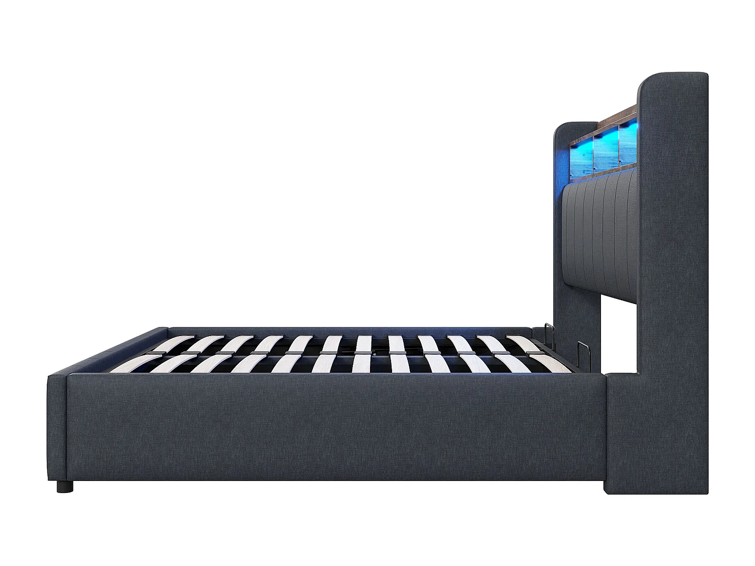 Cama com baú adulto 140x200 cm com LED e USB Type-C, linho cinza, sem colchão