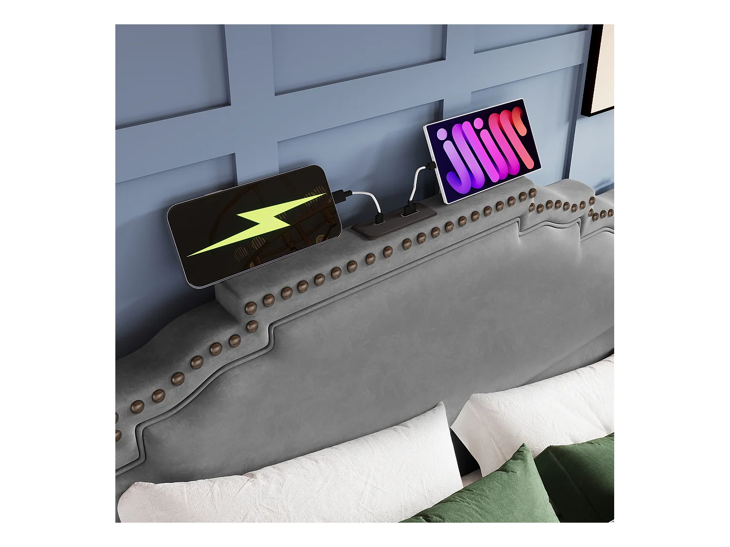 Lit coffre adulte 160x200cm avec LED et USB Type-C, velours, gris, sans matelas