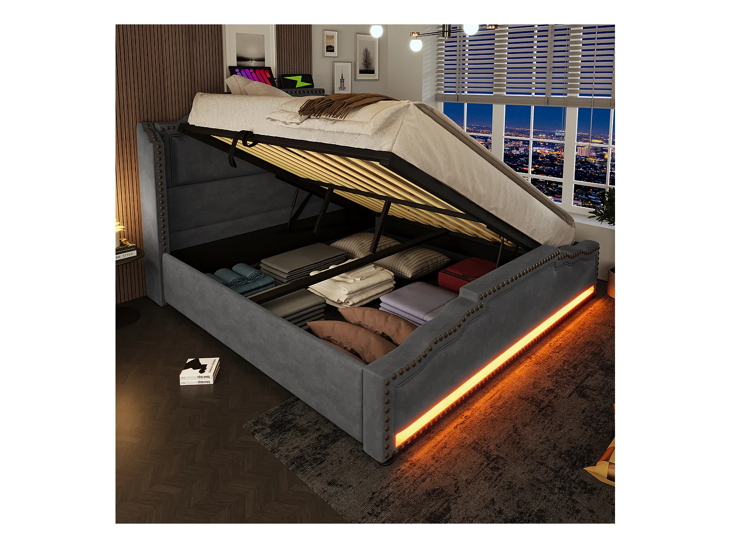 Lit coffre adulte 160x200cm avec LED et USB Type-C, velours, gris, sans matelas