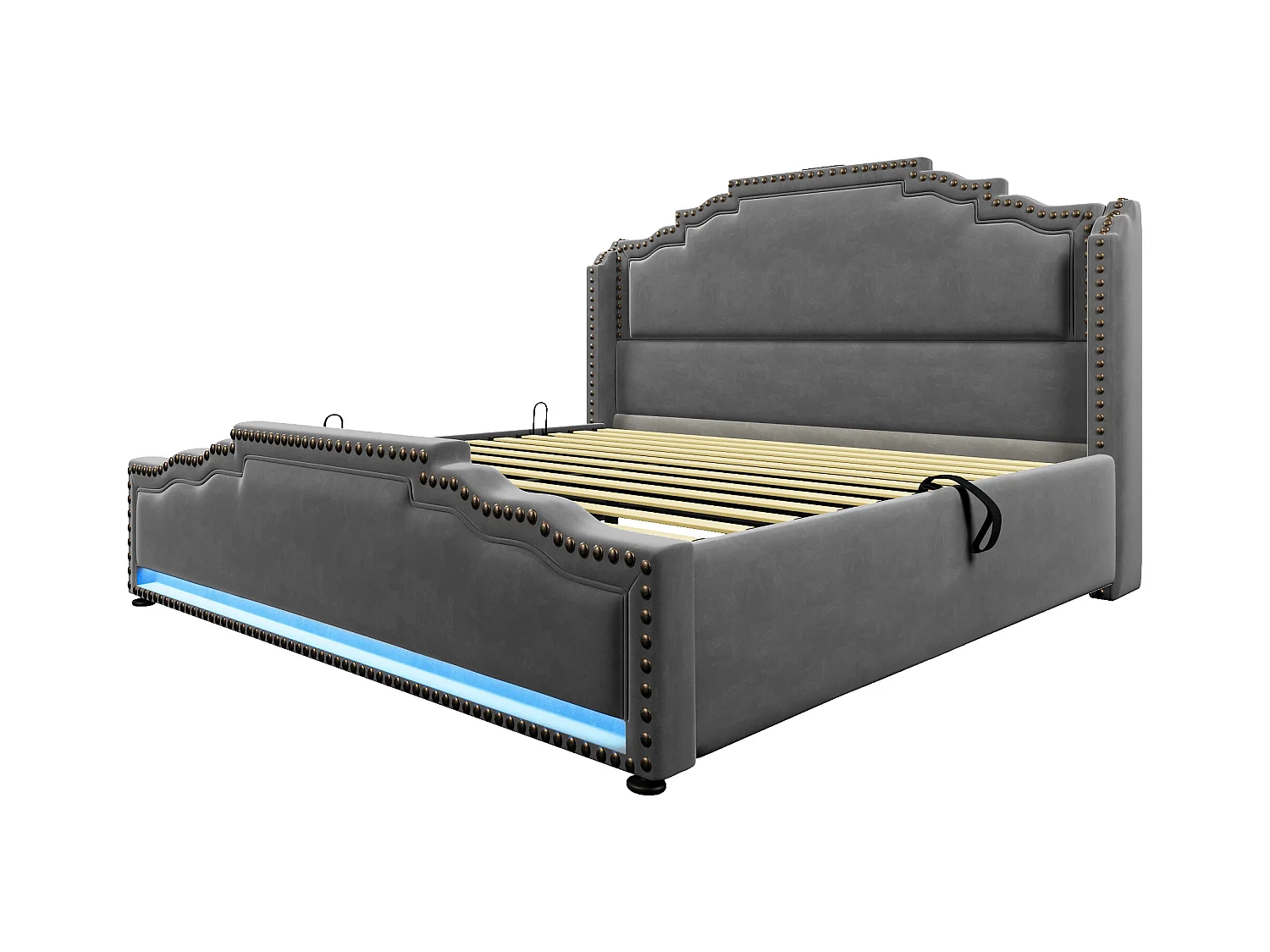 Lit coffre adulte 160x200cm avec LED et USB Type-C, velours, gris, sans matelas