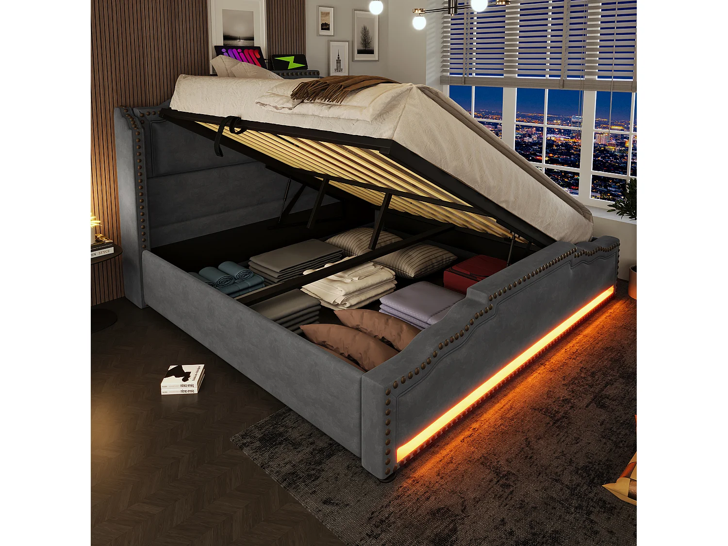 Cama baú casal 160x200 cm com LED e USB Tipo-C, veludo cinza, sem colchão