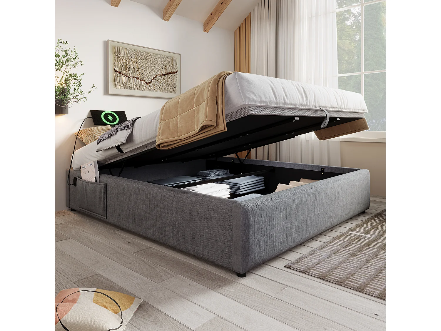 Cama baúl adulta 140x200 cm sin cabecero, algodón y lino gris, sin colchón