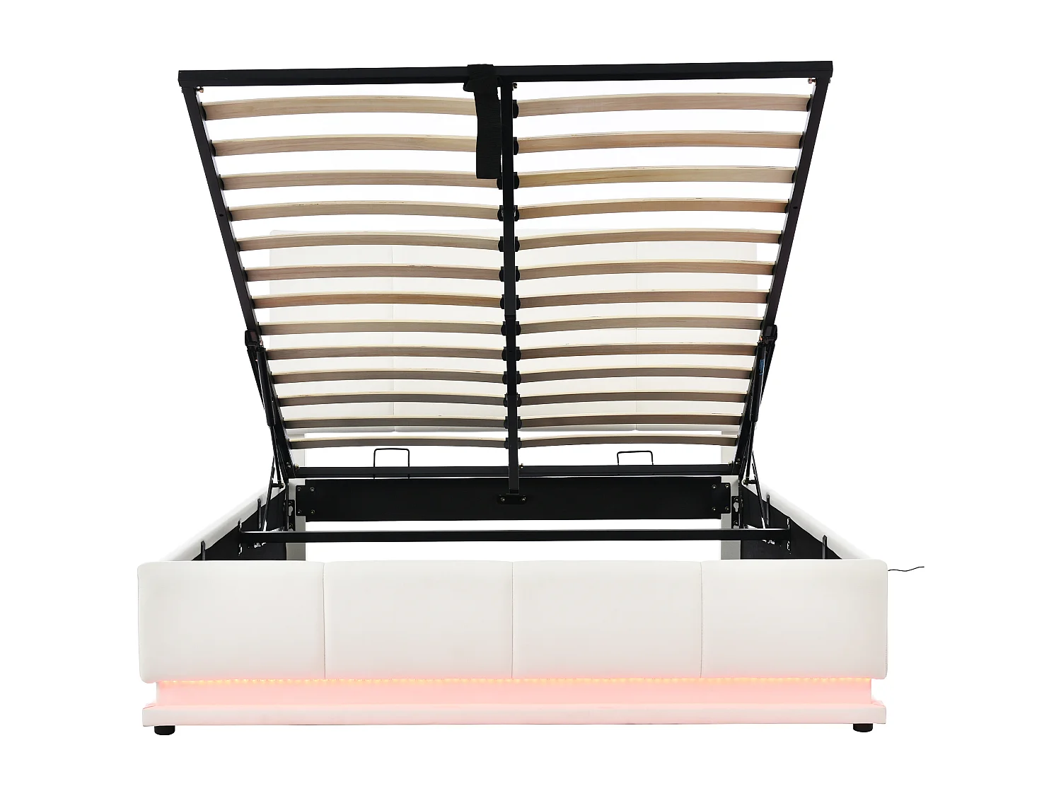 Lit coffre adulte 140x200cm blanc avec LED et sommier à lattes, simili cuir, sans matelas