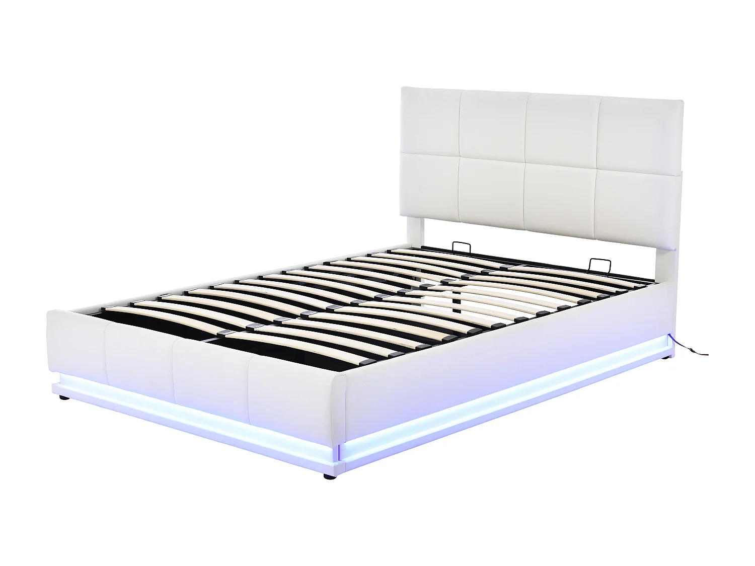 Lit coffre adulte 140x200cm blanc avec LED et sommier à lattes, simili cuir, sans matelas
