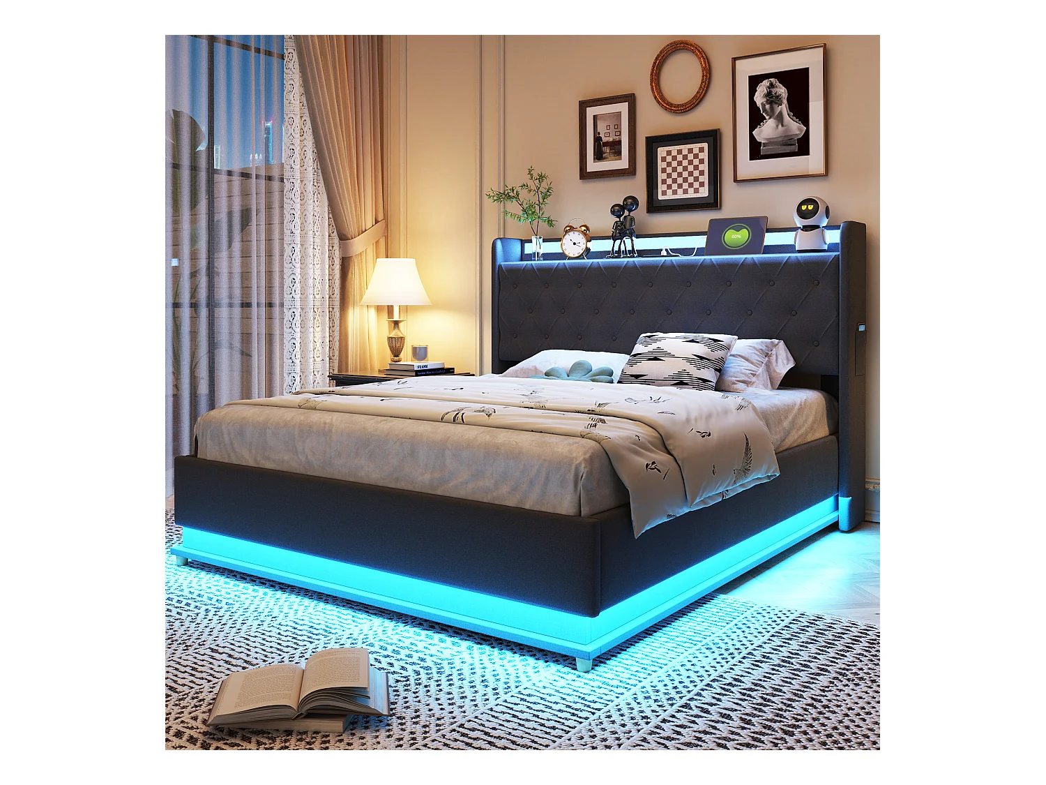 Lit coffre adulte 140x200 cm gris avec port USB et LED, lin, sommier à lattes, sans matelas