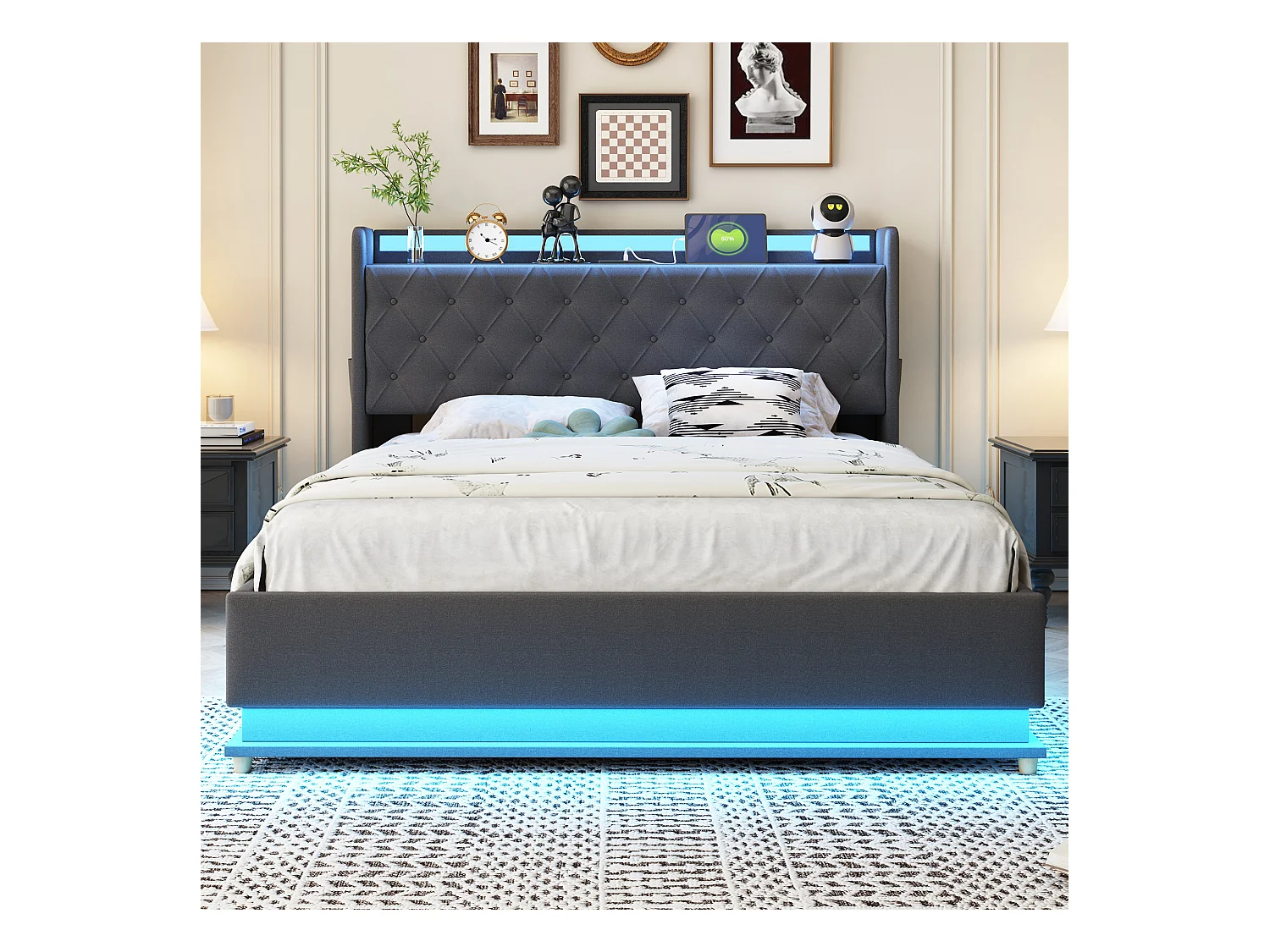 Lit coffre adulte 140x200 cm gris avec port USB et LED, lin, sommier à lattes, sans matelas