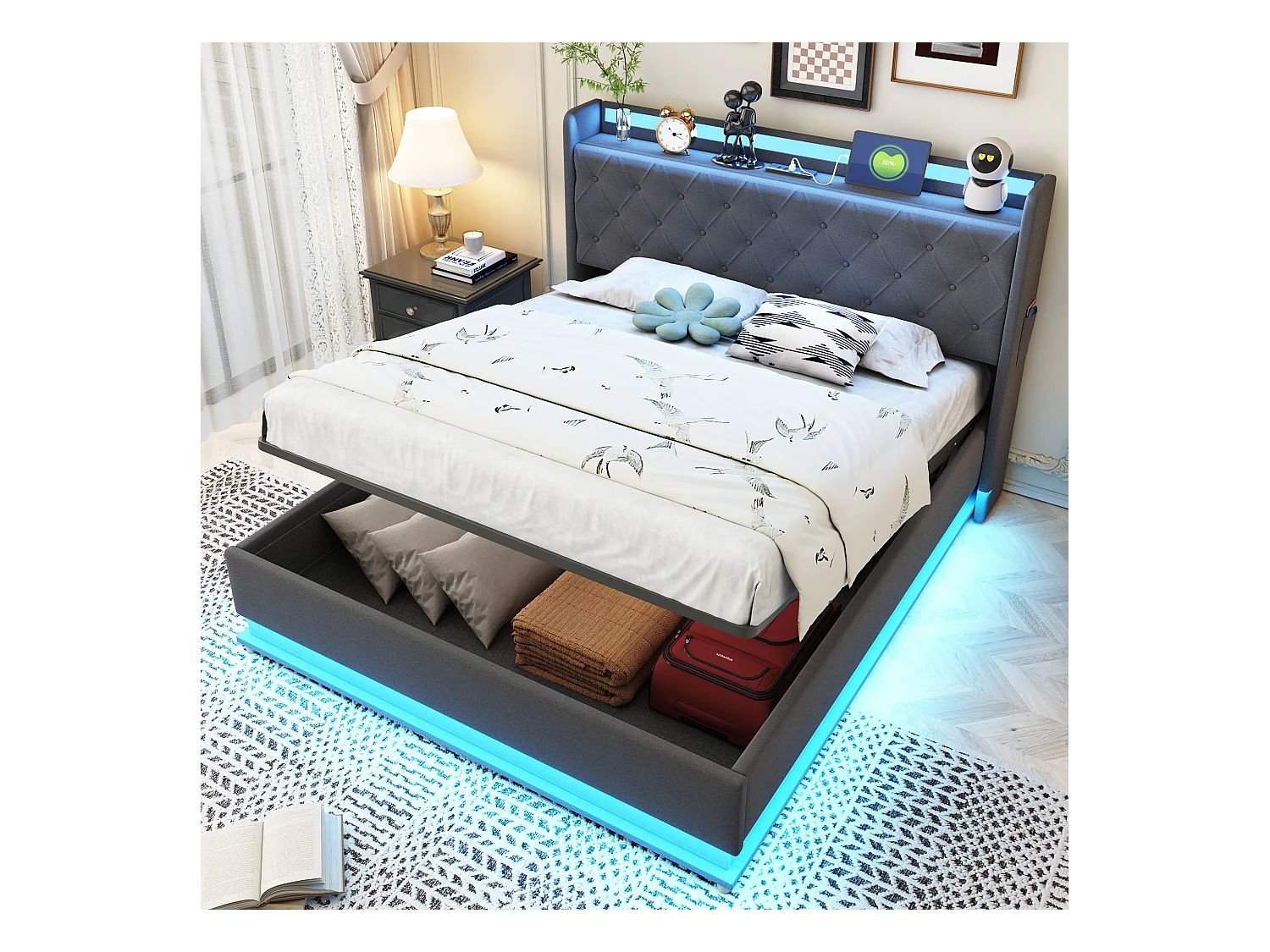 Lit coffre adulte 140x200 cm gris avec port USB et LED, lin, sommier à lattes, sans matelas