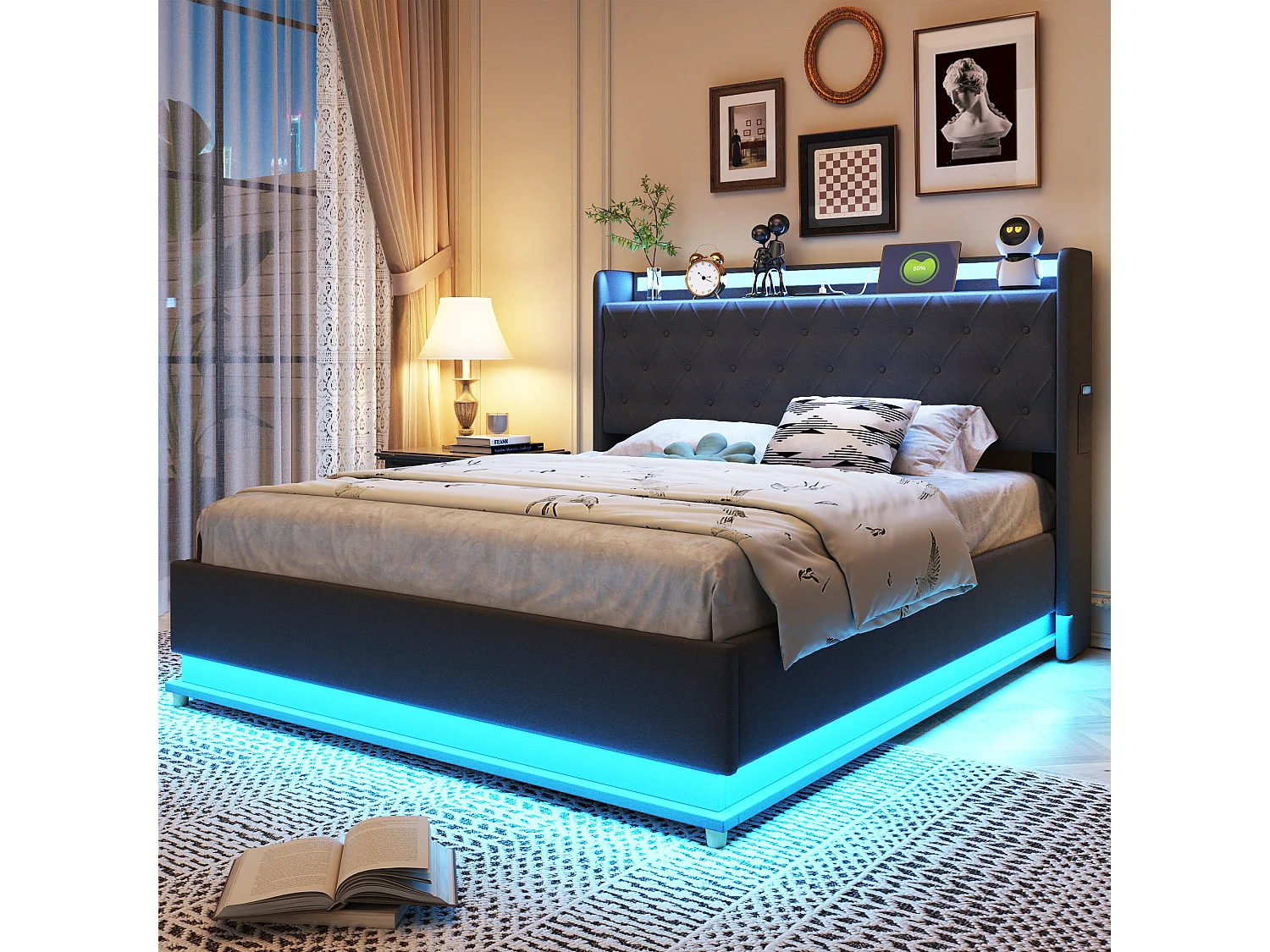 Lit coffre adulte 140x200 cm gris avec port USB et LED, lin, sommier à lattes, sans matelas