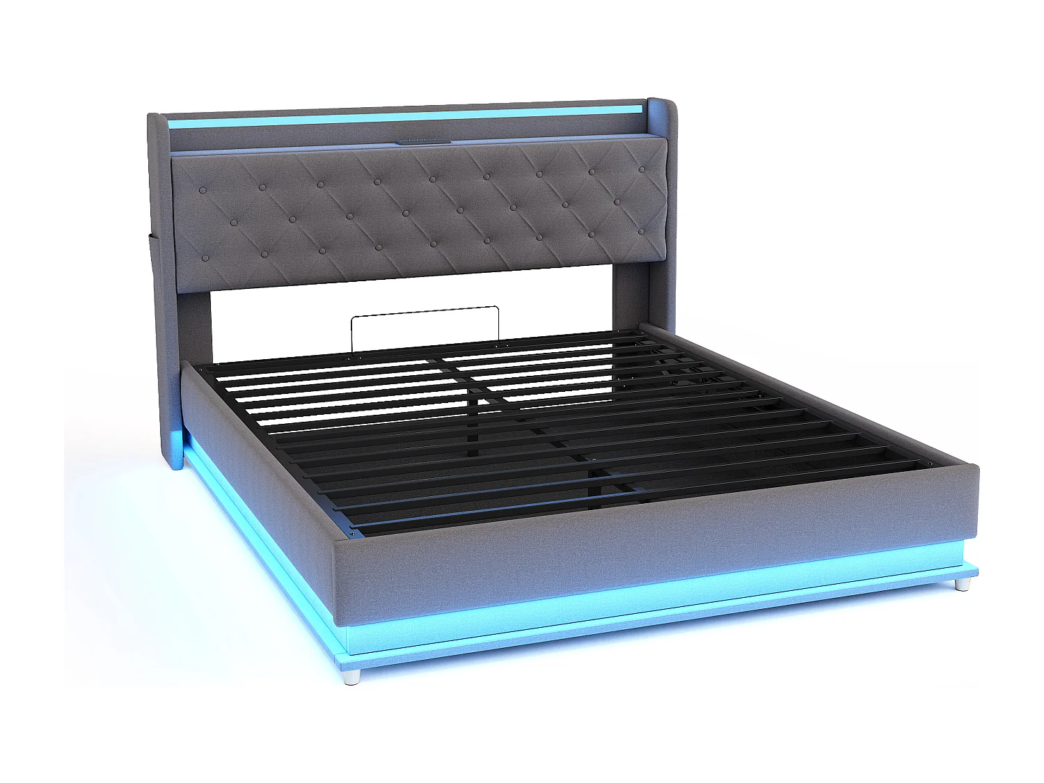 Lit coffre adulte 140x200 cm gris avec port USB et LED, lin, sommier à lattes, sans matelas