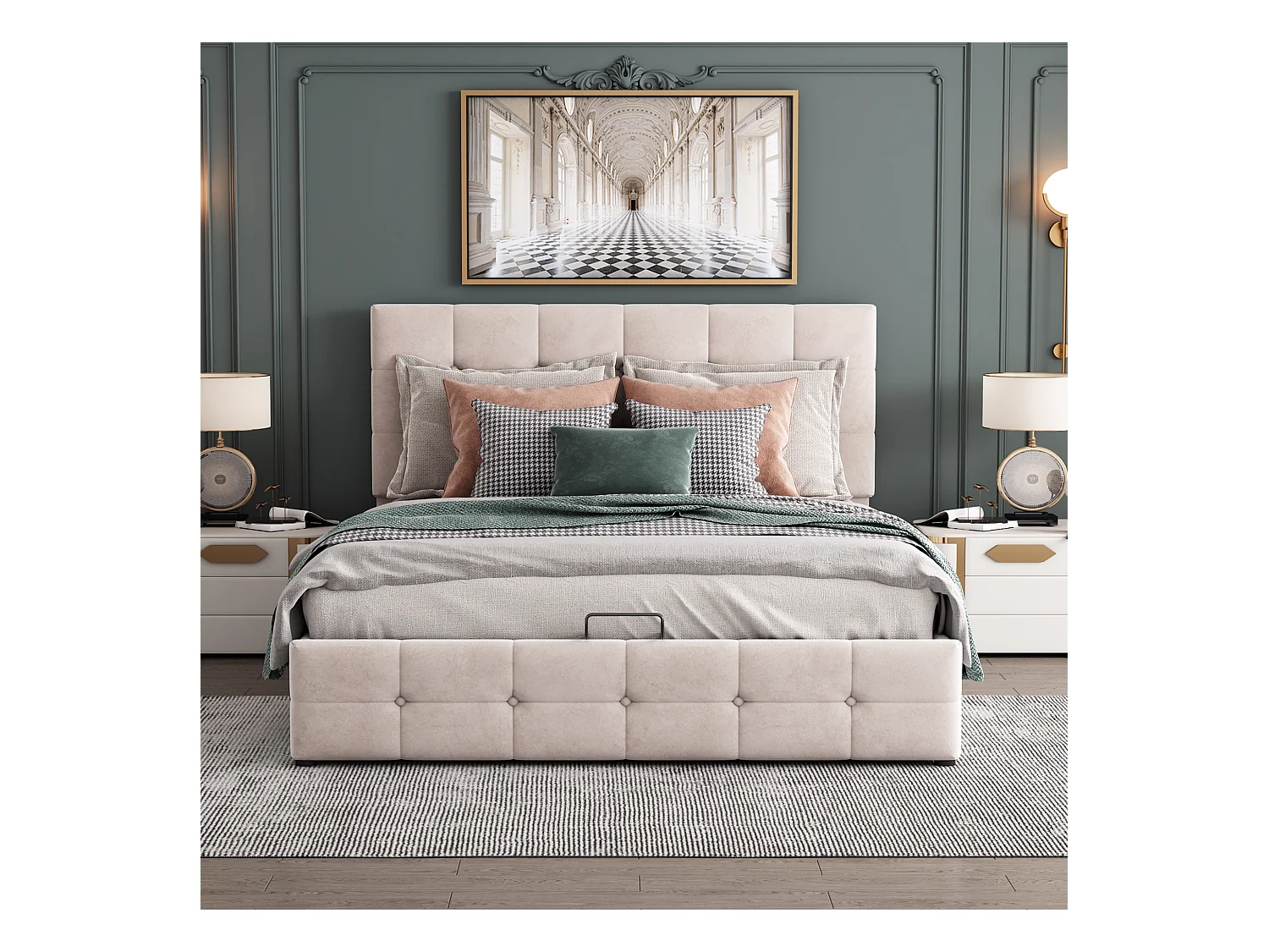 Lit coffre adulte 140x200cm blanc en velours, tête de lit réglable en hauteur, sans matelas