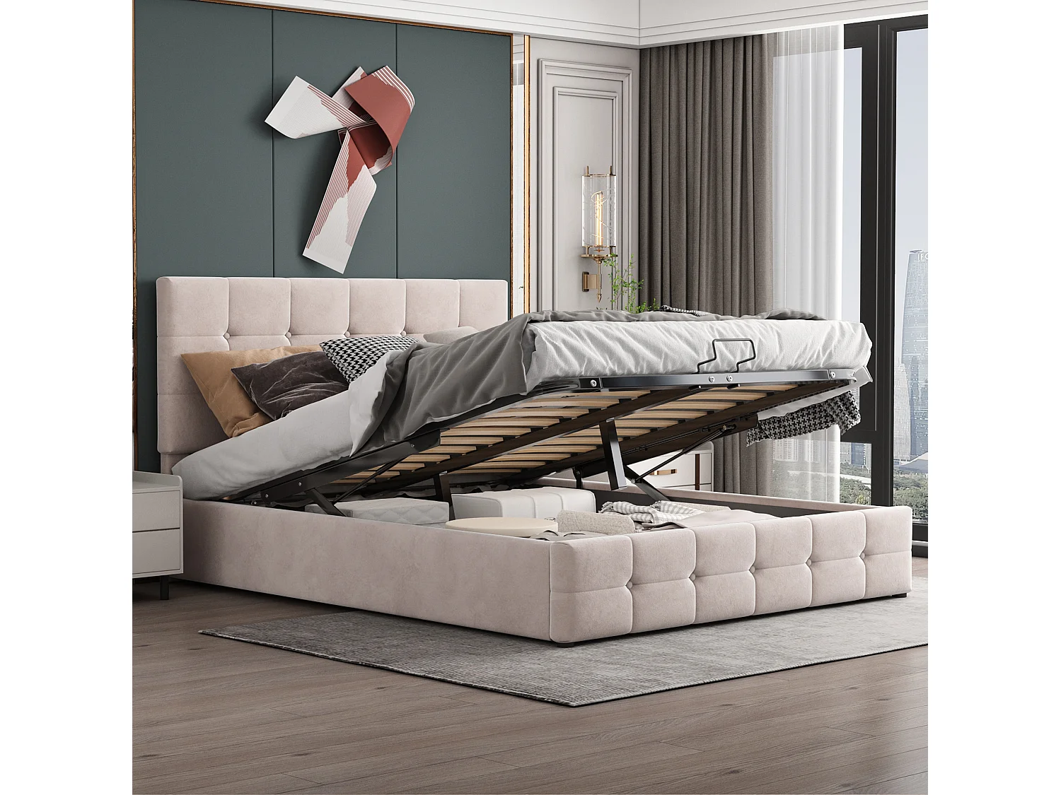 Cama com arrumação adulto 140x200 cm branca em veludo, cabeceira regulável em altura, sem colchão