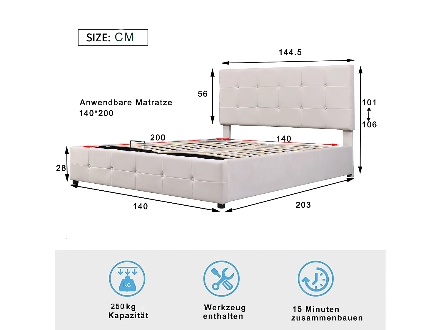 Cama com arrumação adulto 140x200 cm branca em veludo, cabeceira regulável em altura, sem colchão
