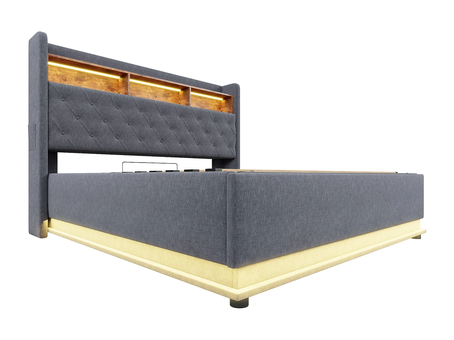 Lit coffre adulte 180x200cm avec LED et USB Type-C, lin, gris, sans matelas