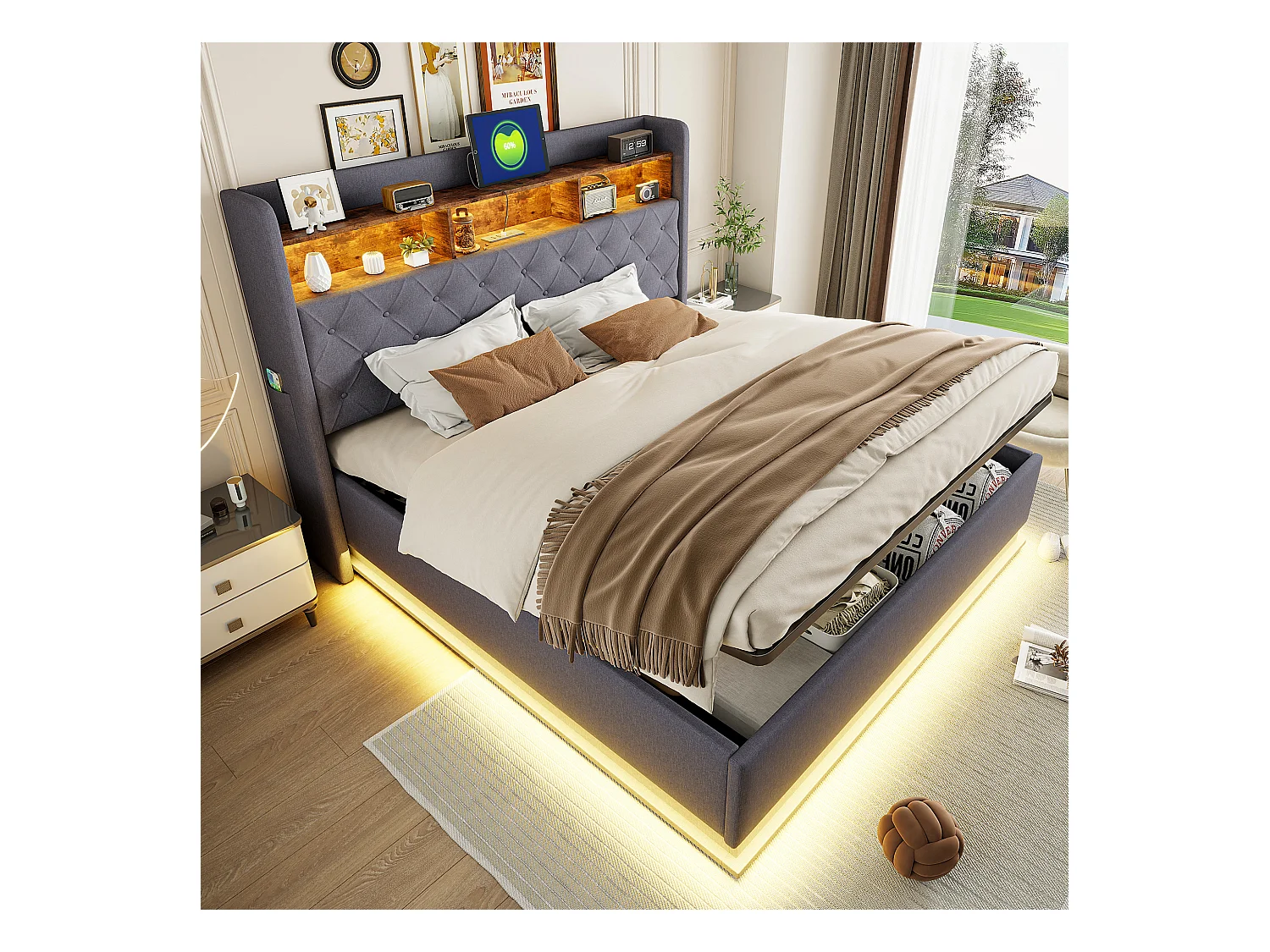 Lit coffre adulte 180x200cm avec LED et USB Type-C, lin, gris, sans matelas