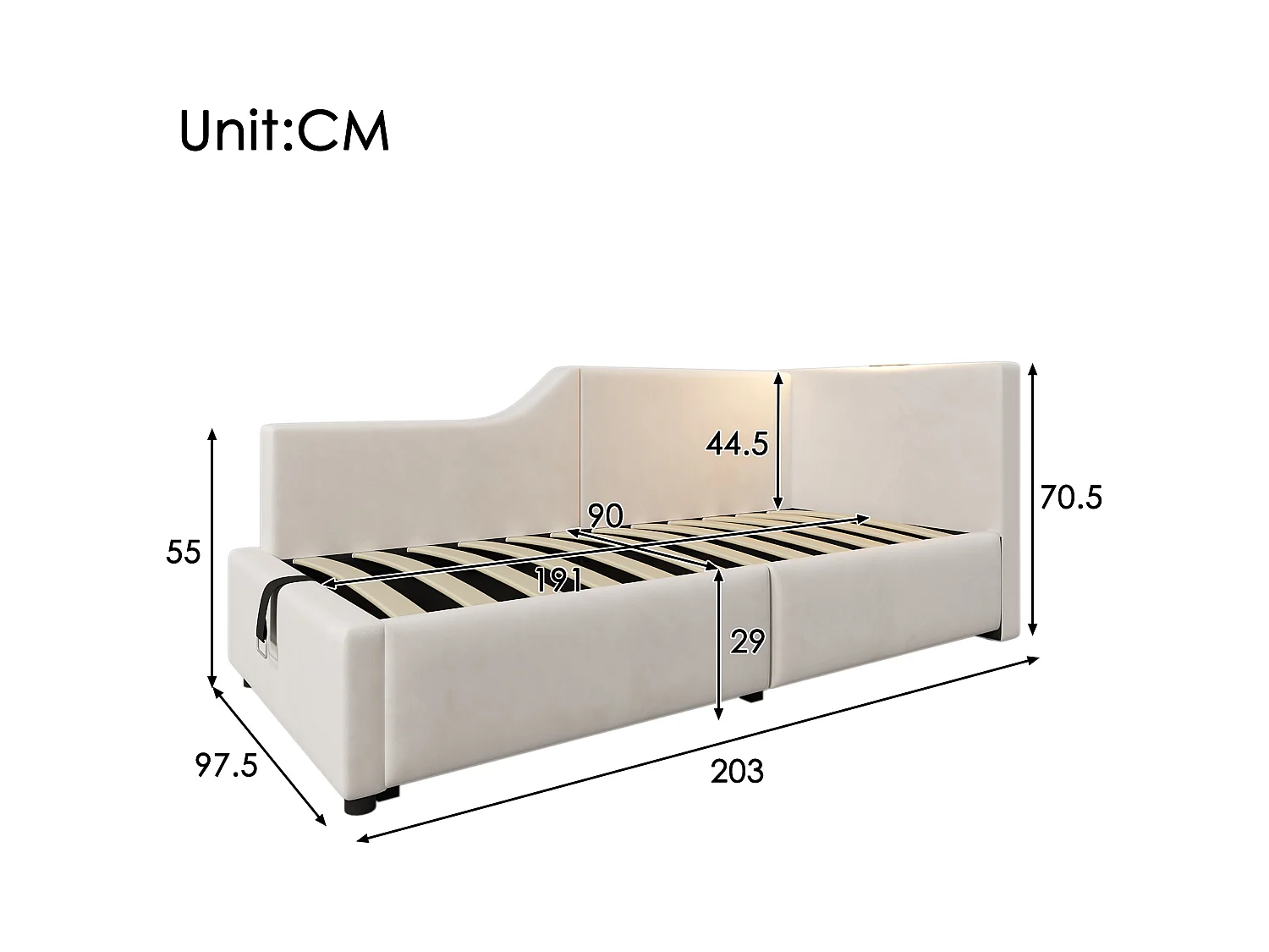 Lit coffre enfant 90x190cm en velours avec liseuse et USB-C, Sommier à lattes en bois, beige, sans matelas