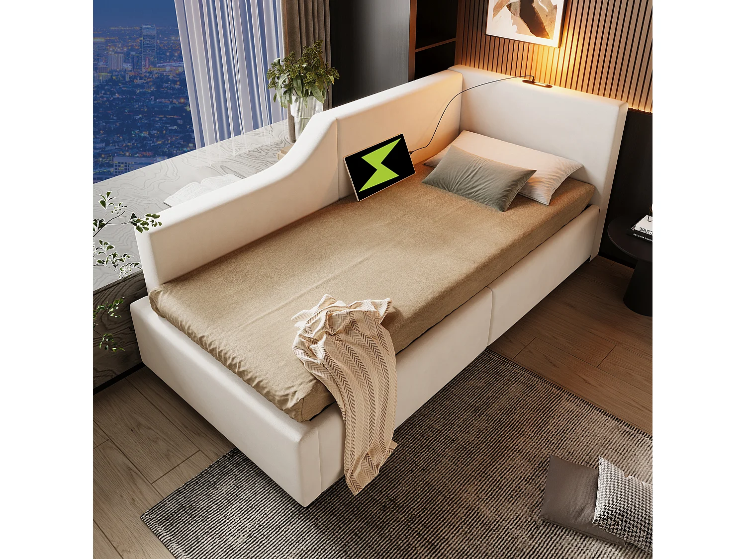 Cama com arrumação infantil 90x190 cm em veludo bege com luz de leitura e USB-C, com estrado de ripas em madeira, sem colchão