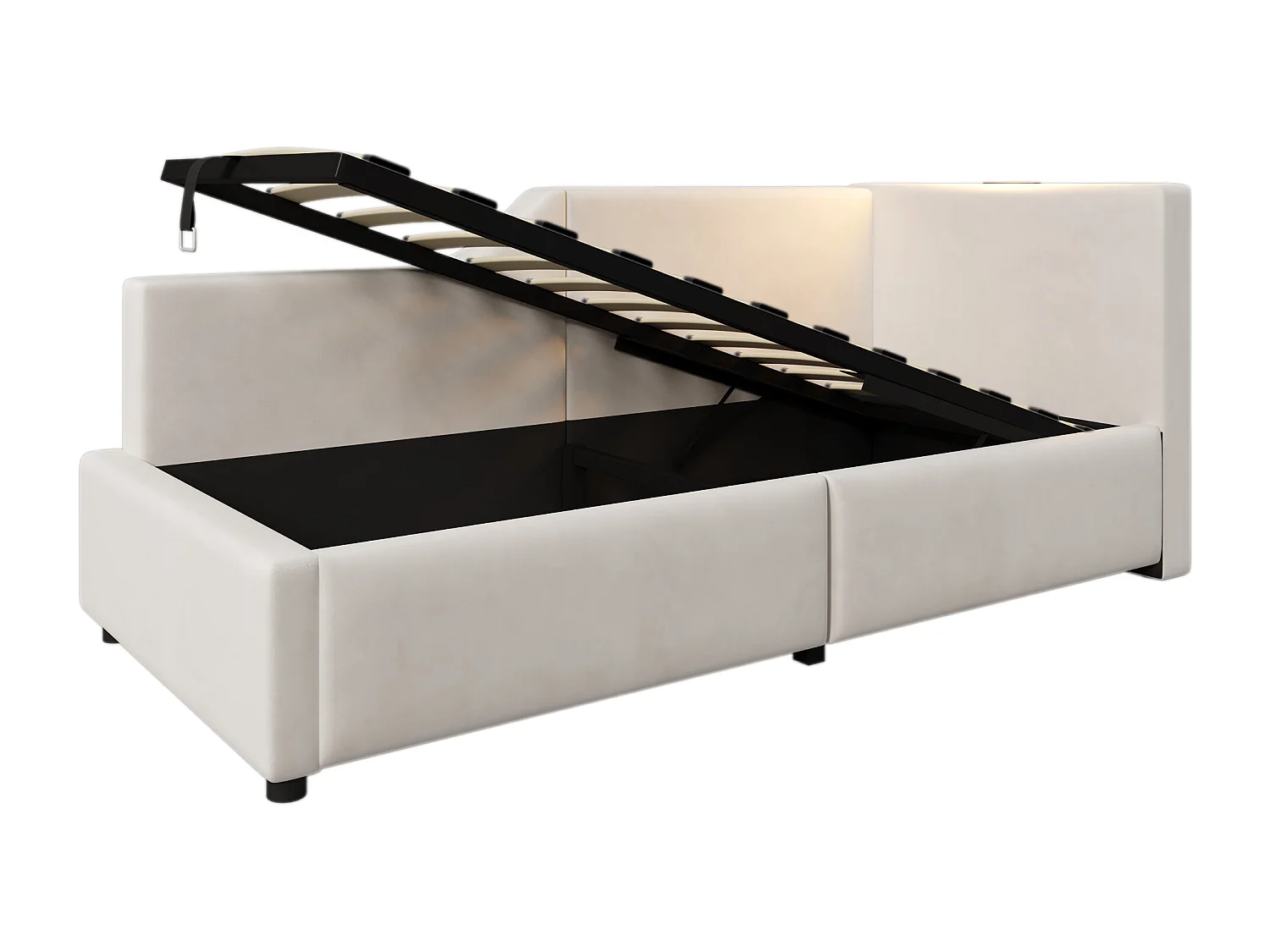 Cama com arrumação infantil 90x190 cm em veludo bege com luz de leitura e USB-C, com estrado de ripas em madeira, sem colchão