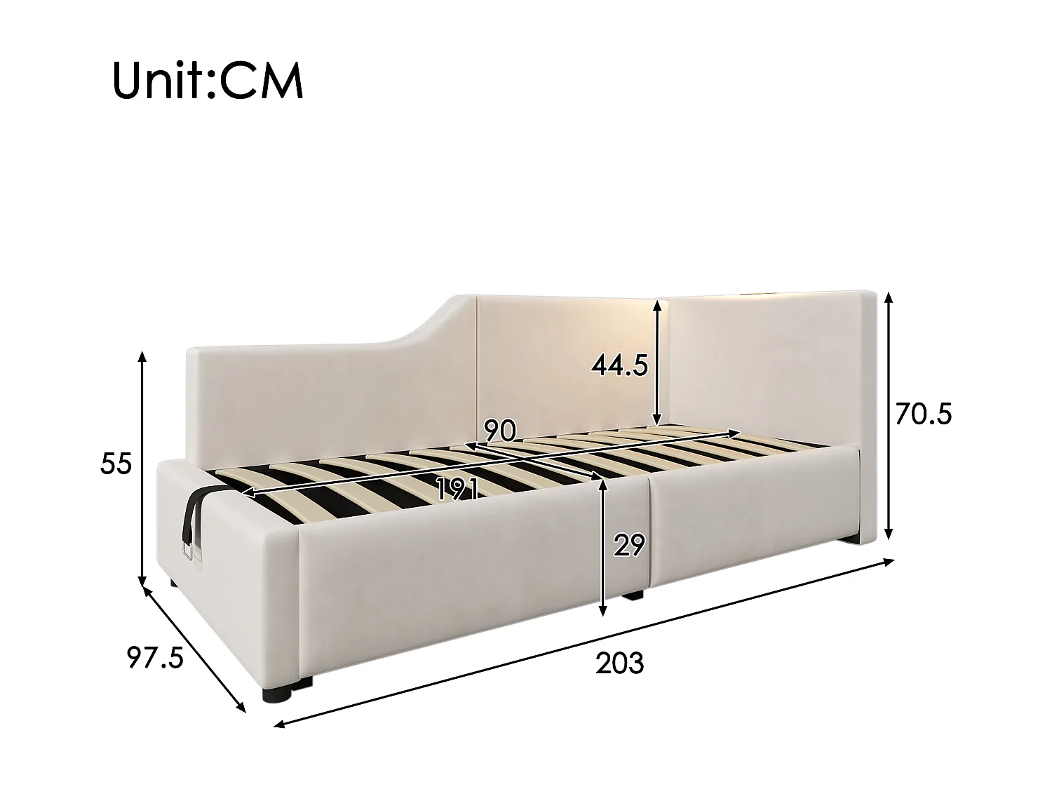 Cama com arrumação infantil 90x190 cm em veludo bege com luz de leitura e USB-C, com estrado de ripas em madeira, sem colchão