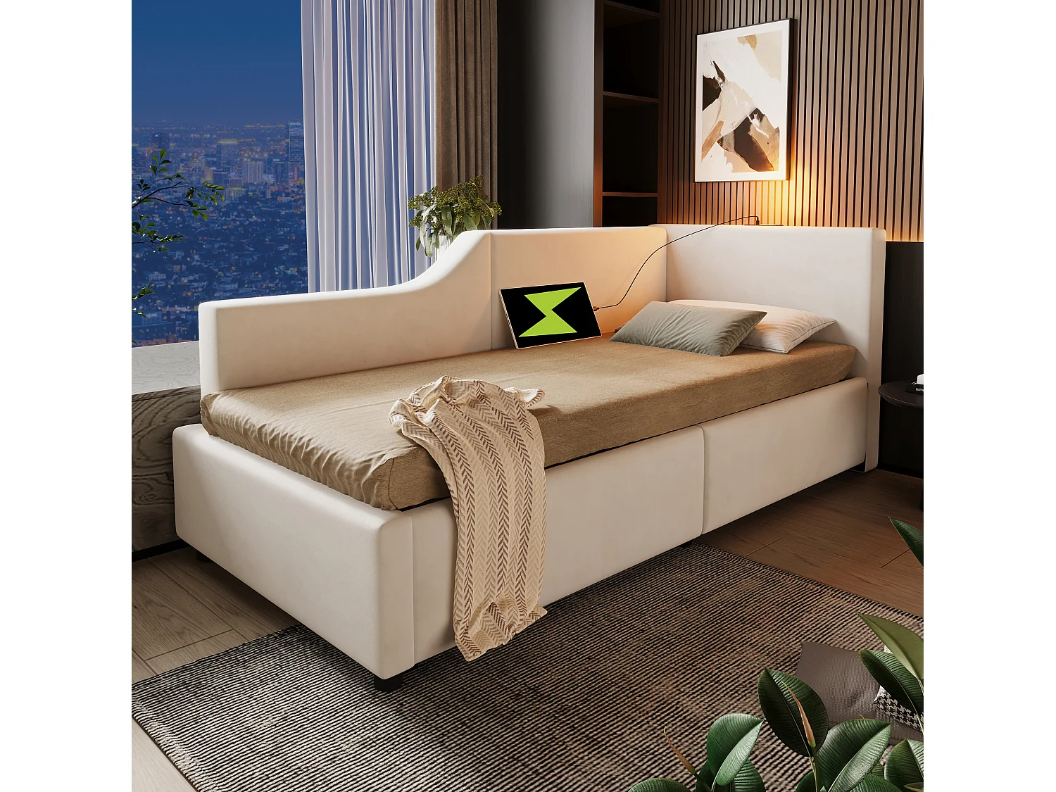 Cama com arrumação infantil 90x190 cm em veludo bege com luz de leitura e USB-C, com estrado de ripas em madeira, sem colchão