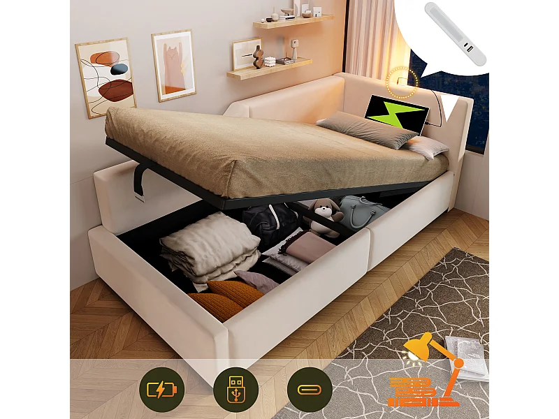 Kinder opbergbed 90x190 cm van beige fluweel met leeslamp en USB-C, met houten lattenbodem, zonder matras