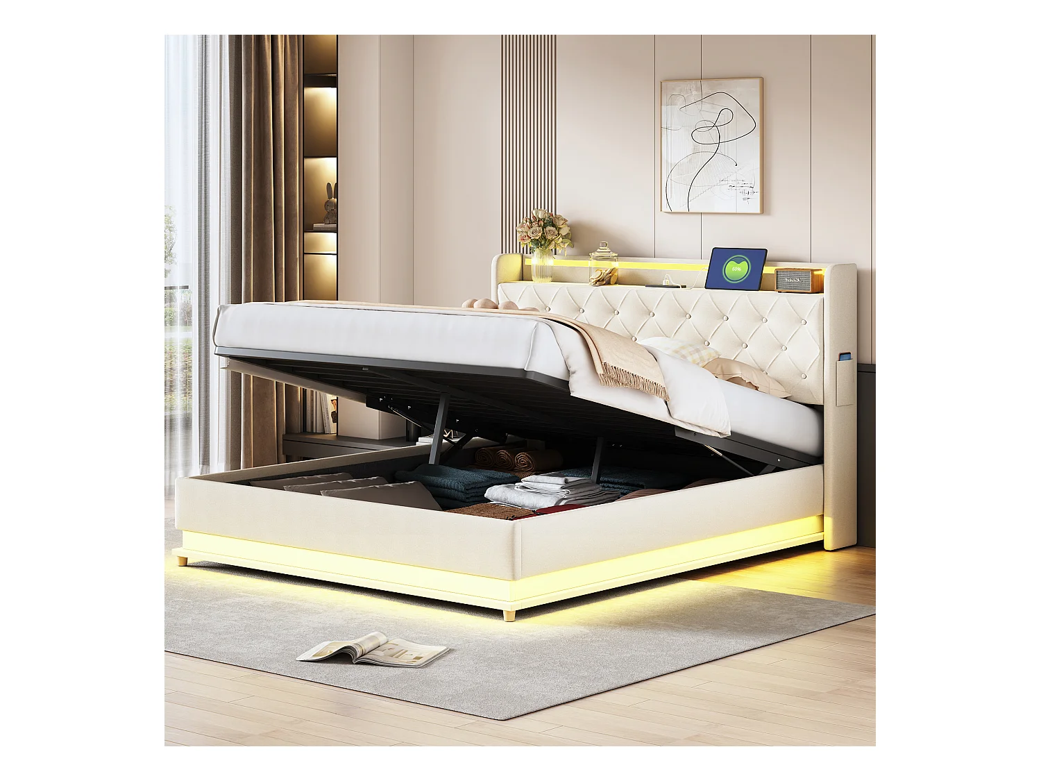 Lit coffre adulte 160x200cm en lin avec LED et USB, Sommier à lattes, beige, sans matelas