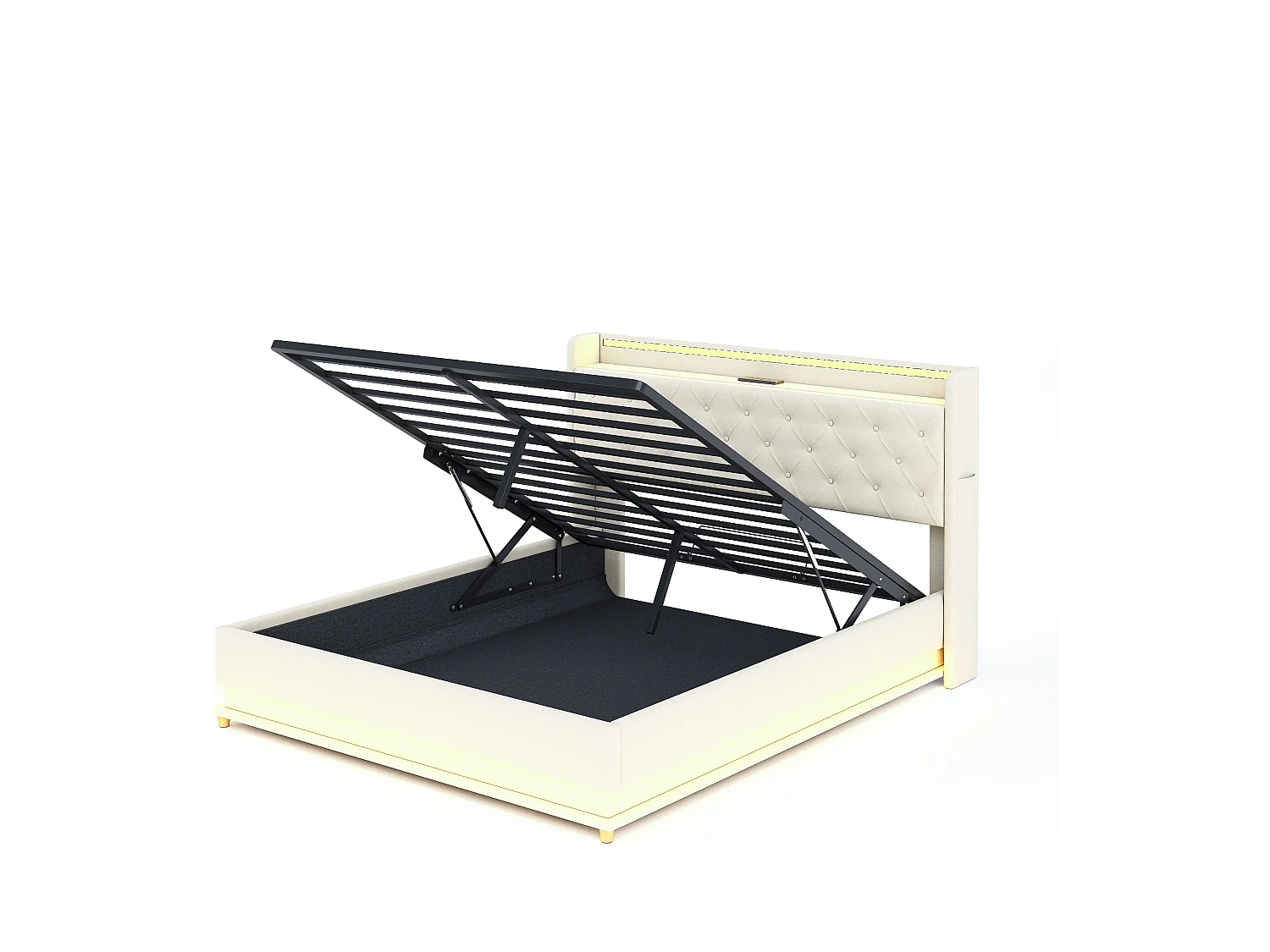 Lit coffre adulte 160x200cm en lin avec LED et USB, Sommier à lattes, beige, sans matelas