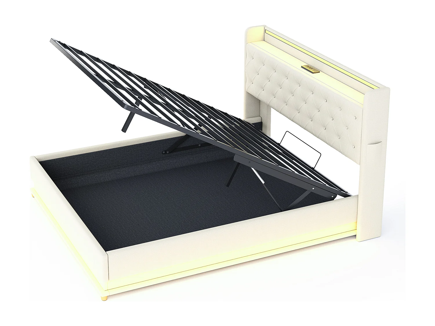 Lit coffre adulte 160x200cm en lin avec LED et USB, Sommier à lattes, beige, sans matelas