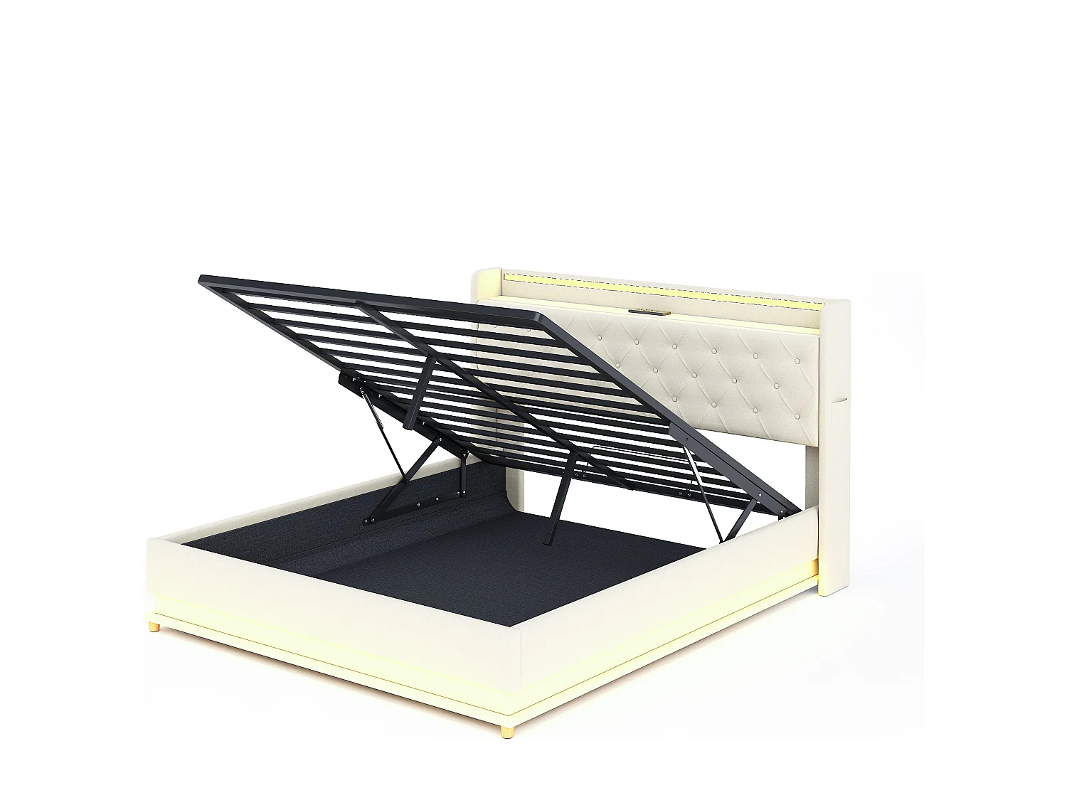 Lit coffre adulte 160x200cm en lin avec LED et USB, Sommier à lattes, beige, sans matelas