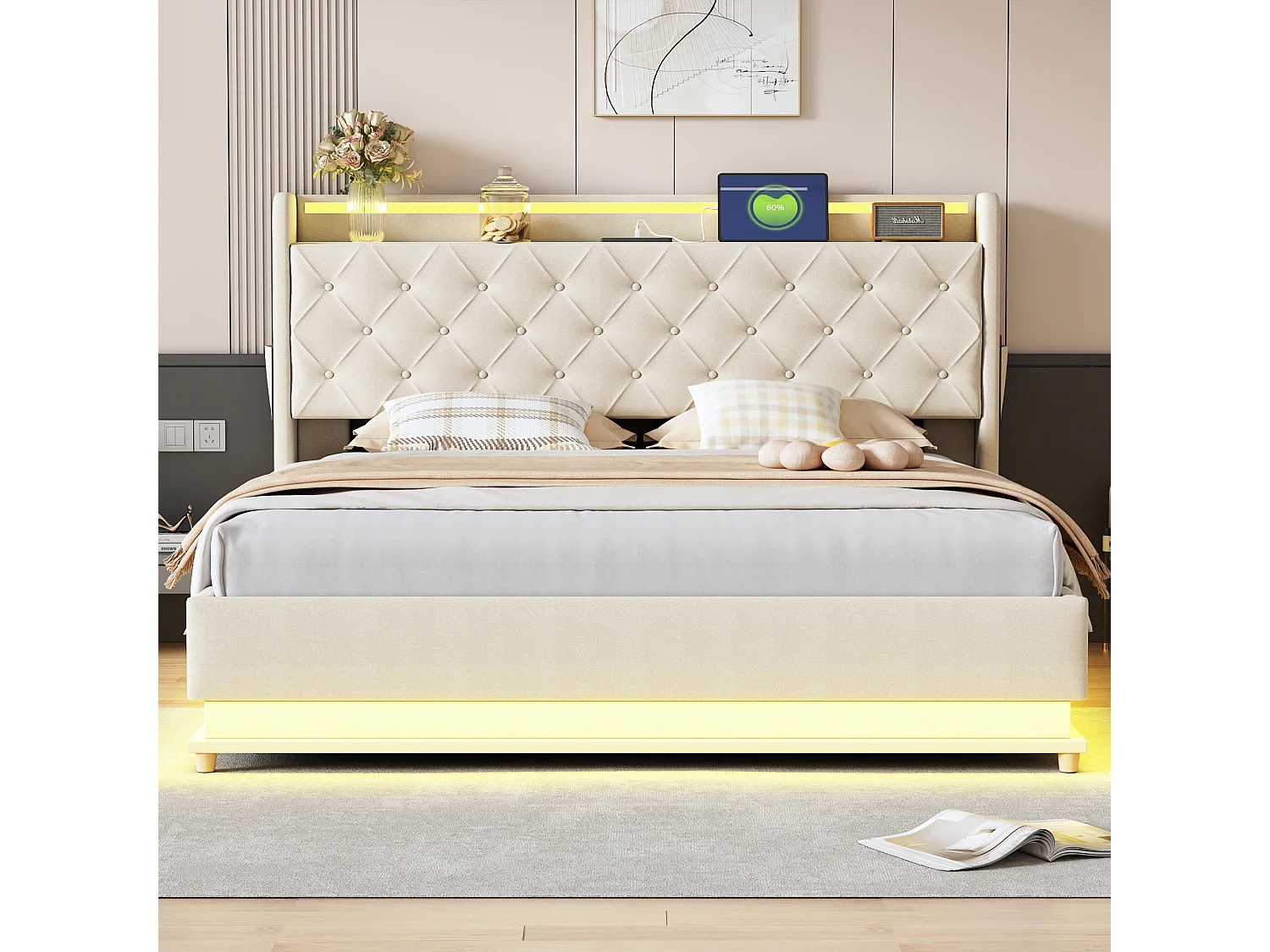 Lit coffre adulte 160x200cm en lin avec LED et USB, Sommier à lattes, beige, sans matelas