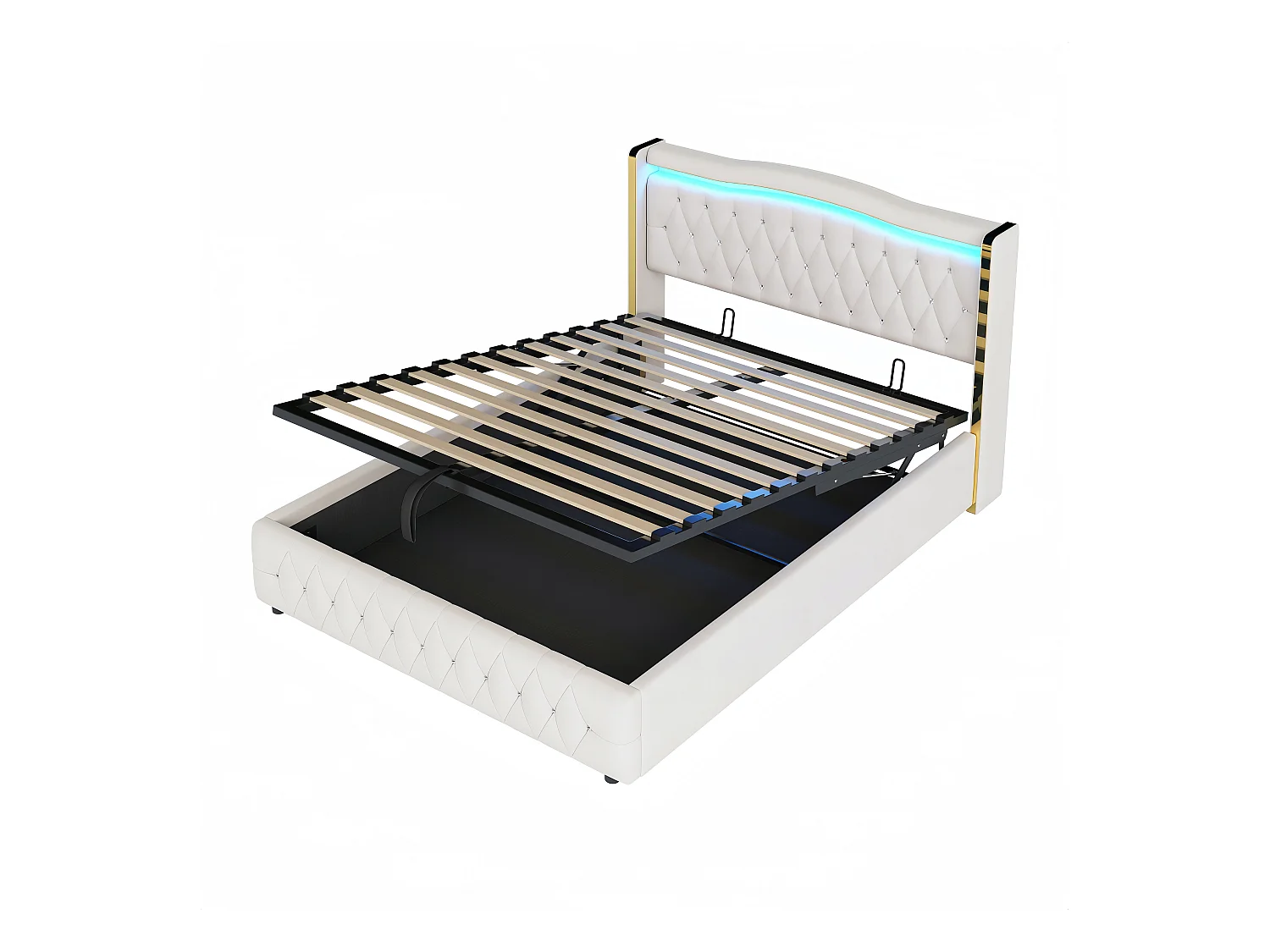 Lit coffre adulte 160x200cm avec LED et Tête de lit diamanté, velours, beige, sans matelas