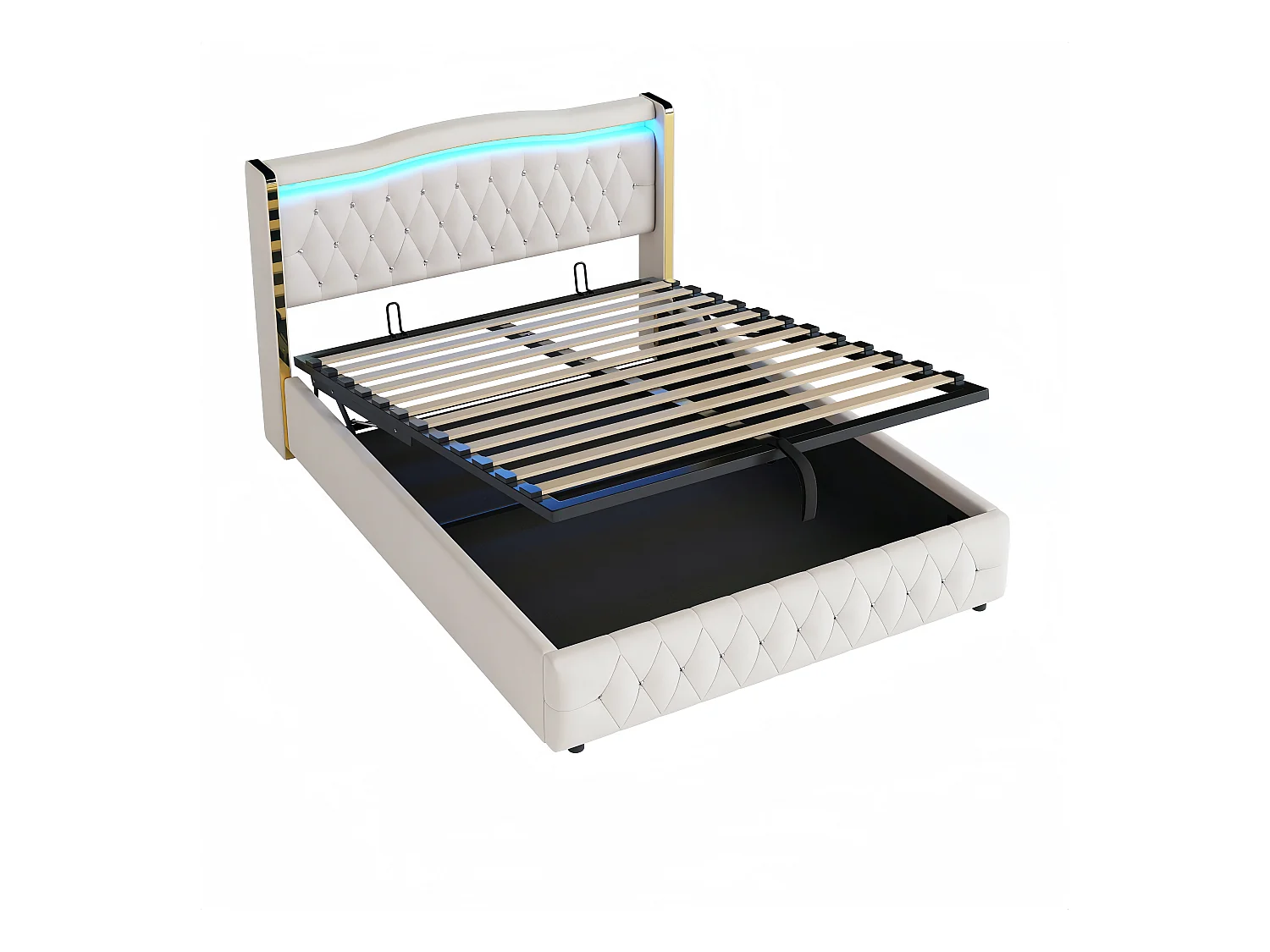 Lit coffre adulte 160x200cm avec LED et Tête de lit diamanté, velours, beige, sans matelas
