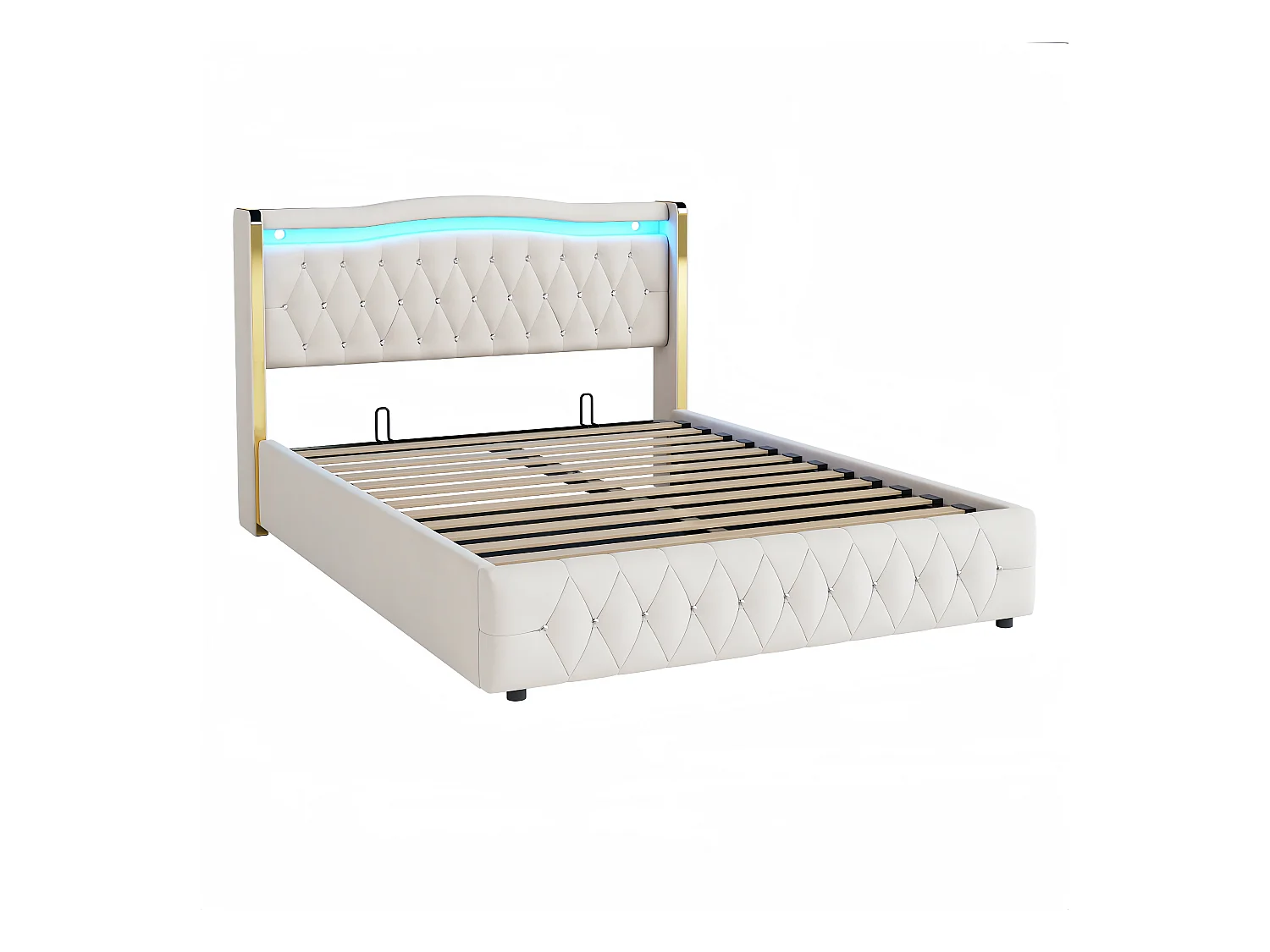 Lit coffre adulte 160x200cm avec LED et Tête de lit diamanté, velours, beige, sans matelas
