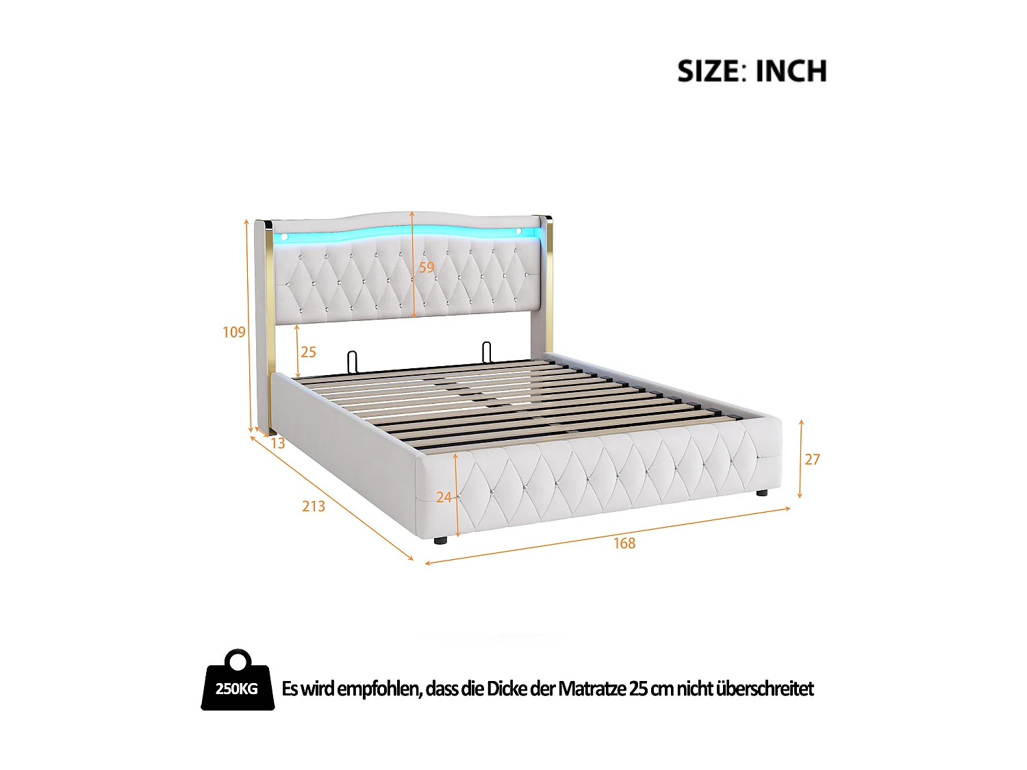 Cama com baú adulto 160x200 cm com LED e cabeceira diamantada, veludo bege, sem colchão