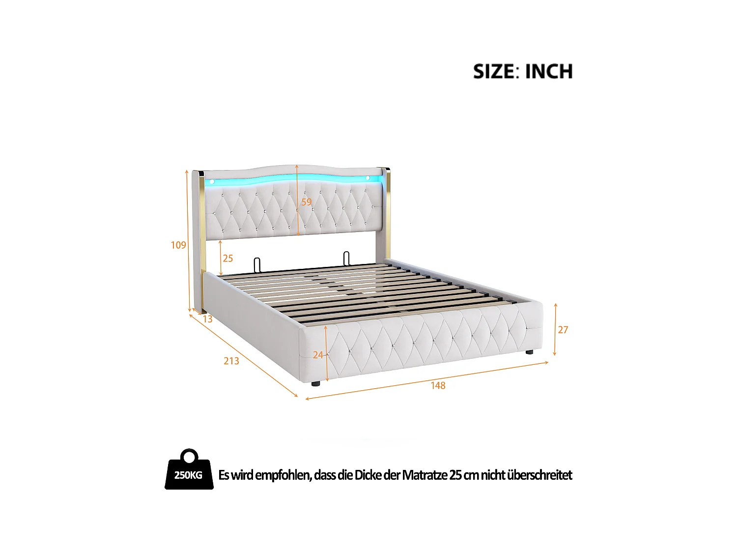 Lit coffre adulte 140x200cm avec LED et Tête de lit diamanté, velours, beige, sans matelas