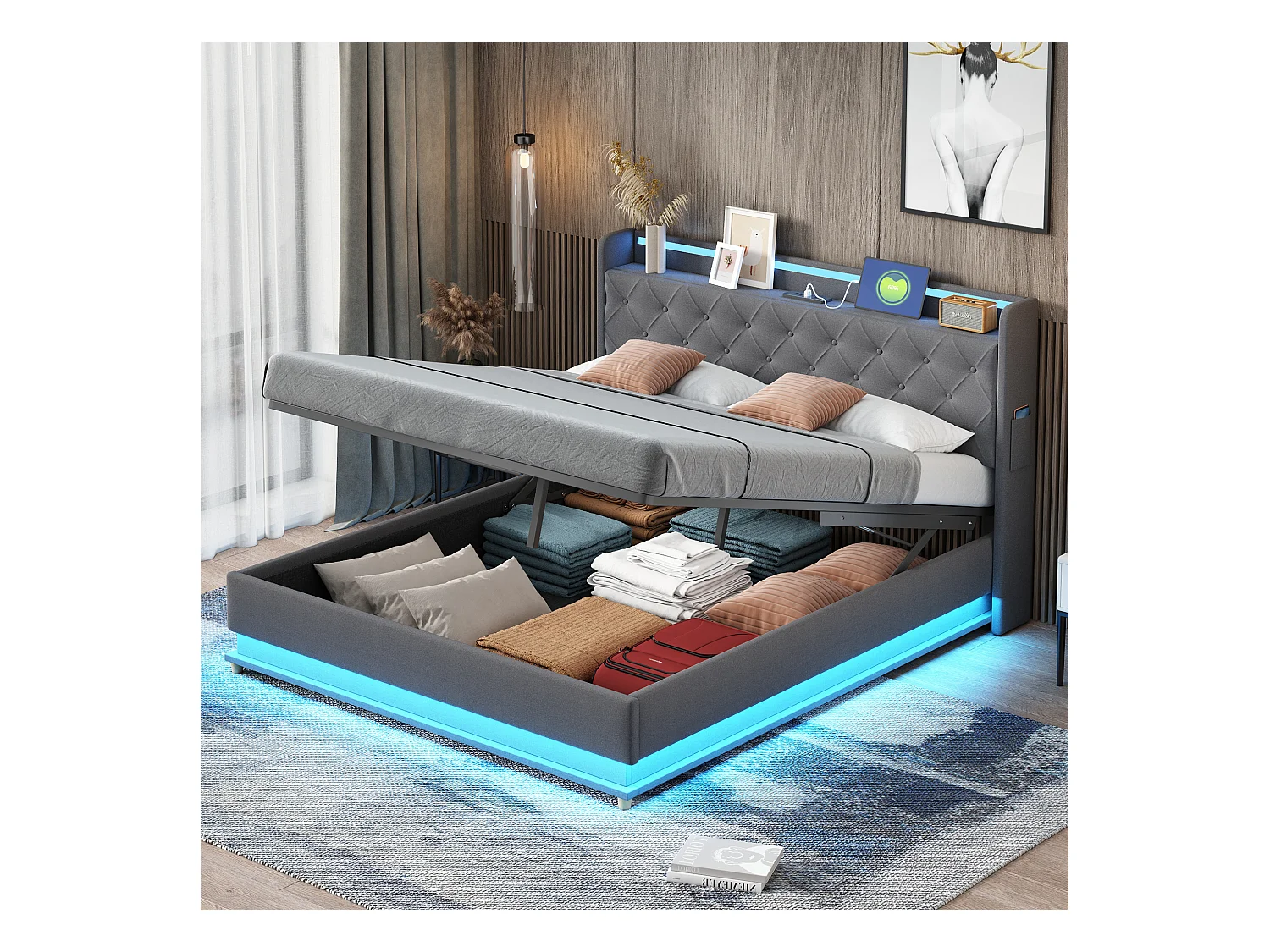 Lit coffre adulte 160x200 cm gris avec port USB et LED, lin, sommier à lattes, sans matelas