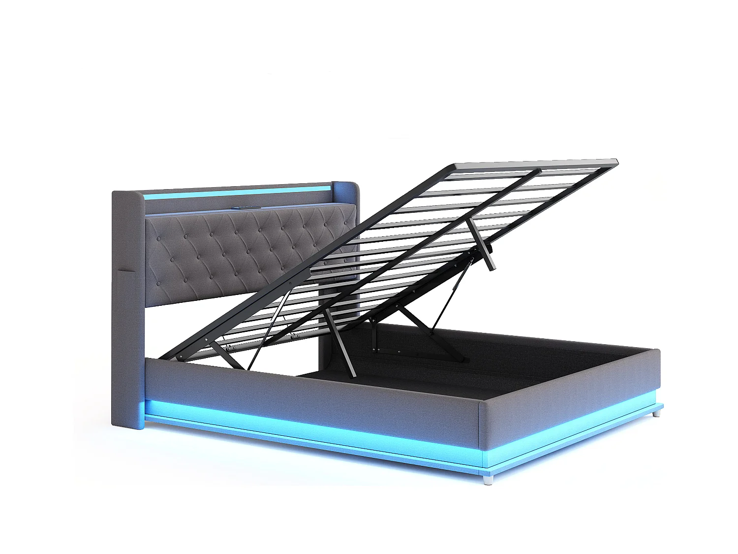 Lit coffre adulte 160x200 cm gris avec port USB et LED, lin, sommier à lattes, sans matelas