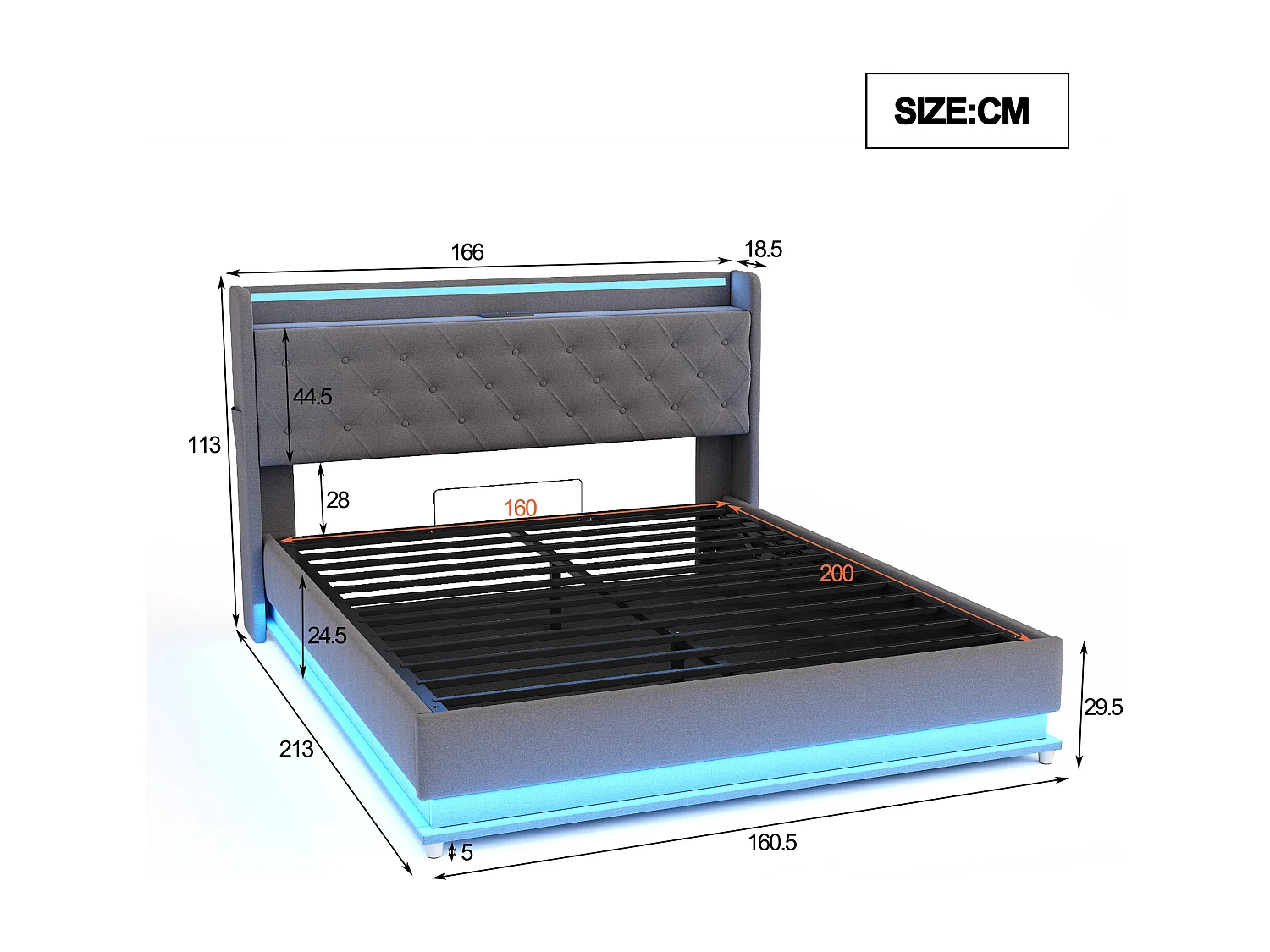 Lit coffre adulte 160x200 cm gris avec port USB et LED, lin, sommier à lattes, sans matelas