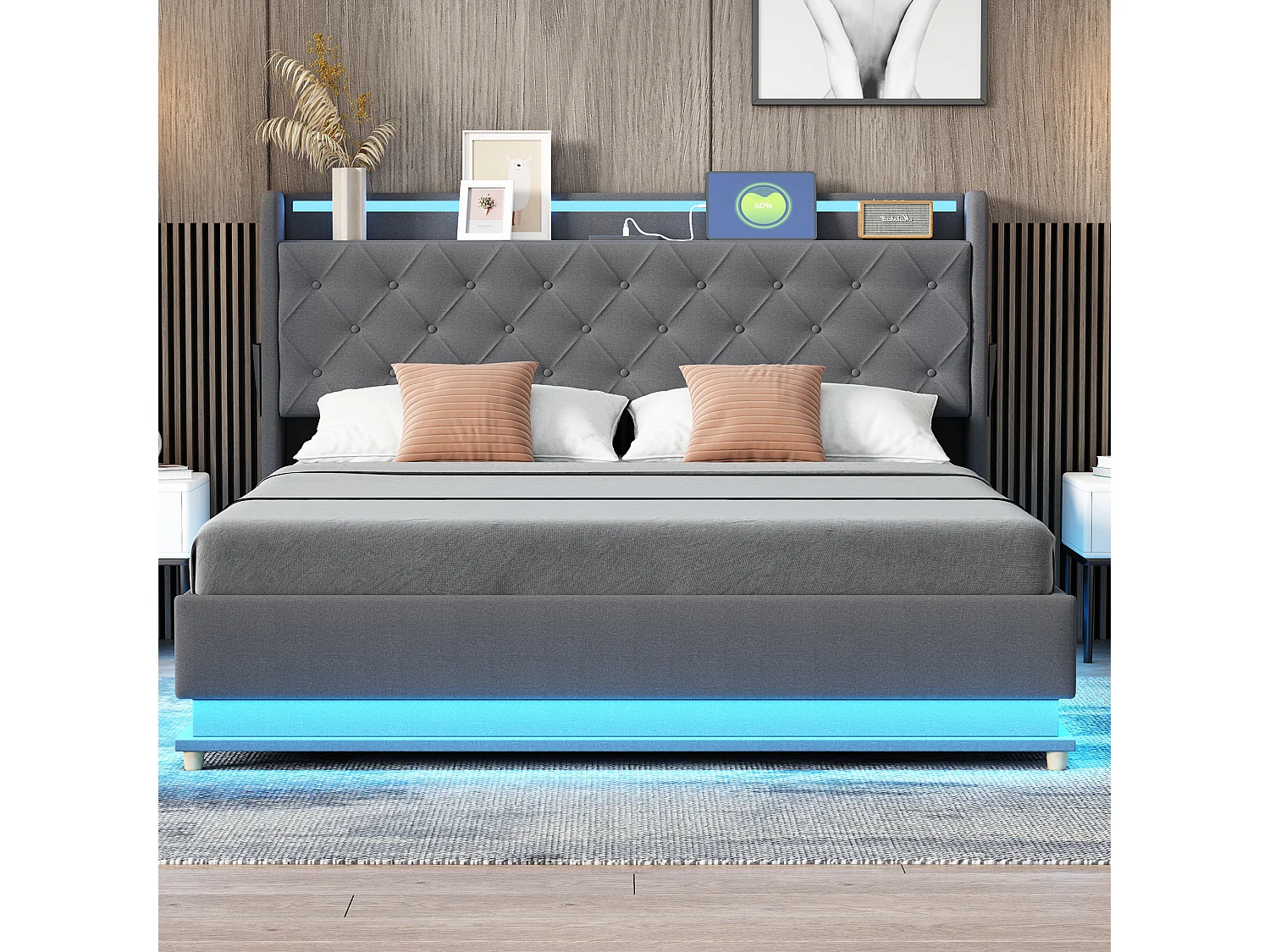 Lit coffre adulte 160x200 cm gris avec port USB et LED, lin, sommier à lattes, sans matelas