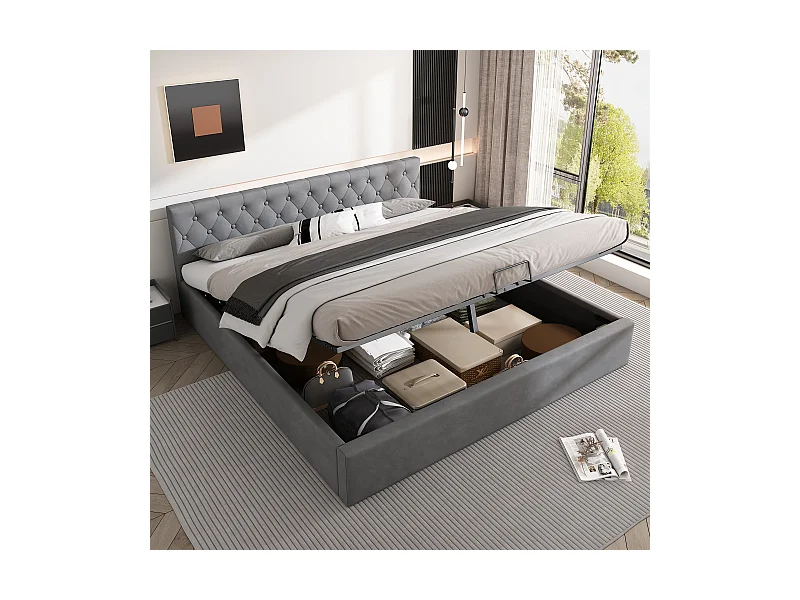 Cama baú casal 180x200 cm com cabeceira capitonê, veludo cinza, sem colchão