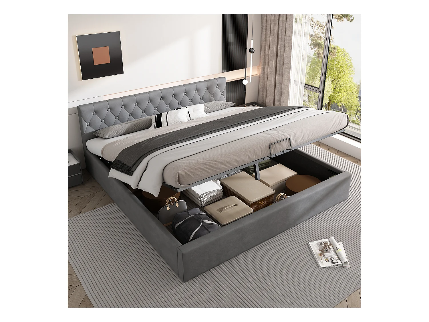 Lit coffre adulte 180x200cm avec Tête de lit Capitonné, velours gris, sans matelas