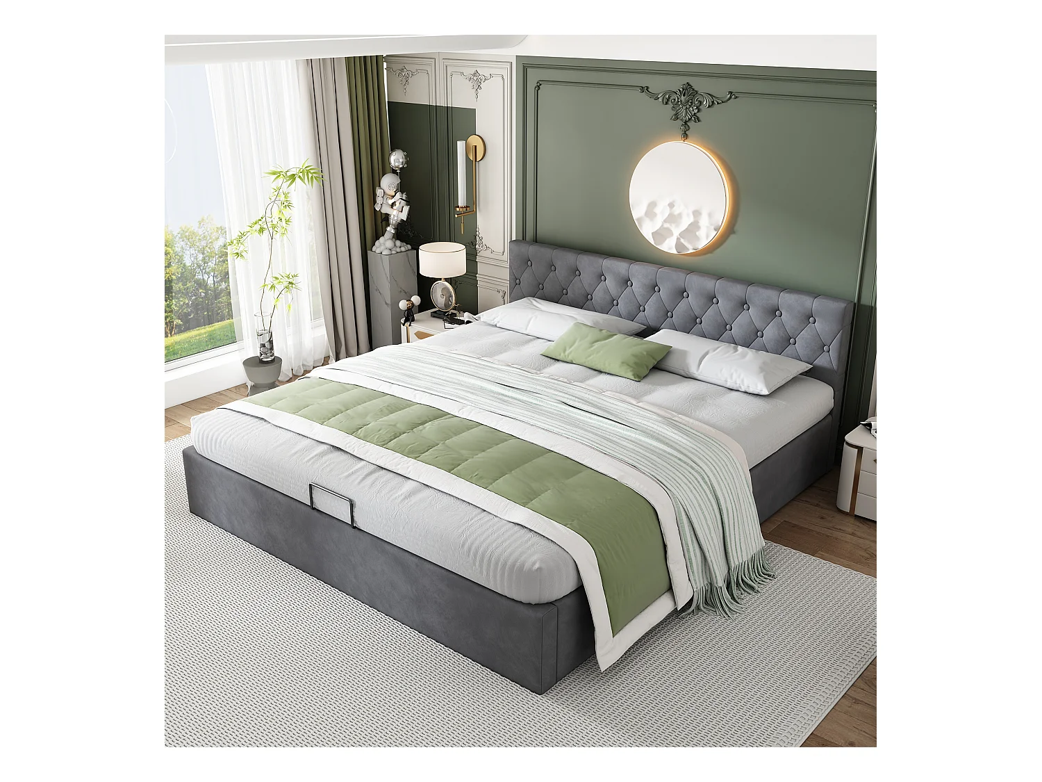 Lit coffre adulte 180x200cm avec Tête de lit Capitonné, velours gris, sans matelas