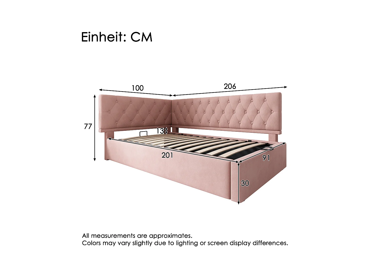 Letto contenitore 90x200 cm design a L, divano letto in velluto rosa, senza materasso