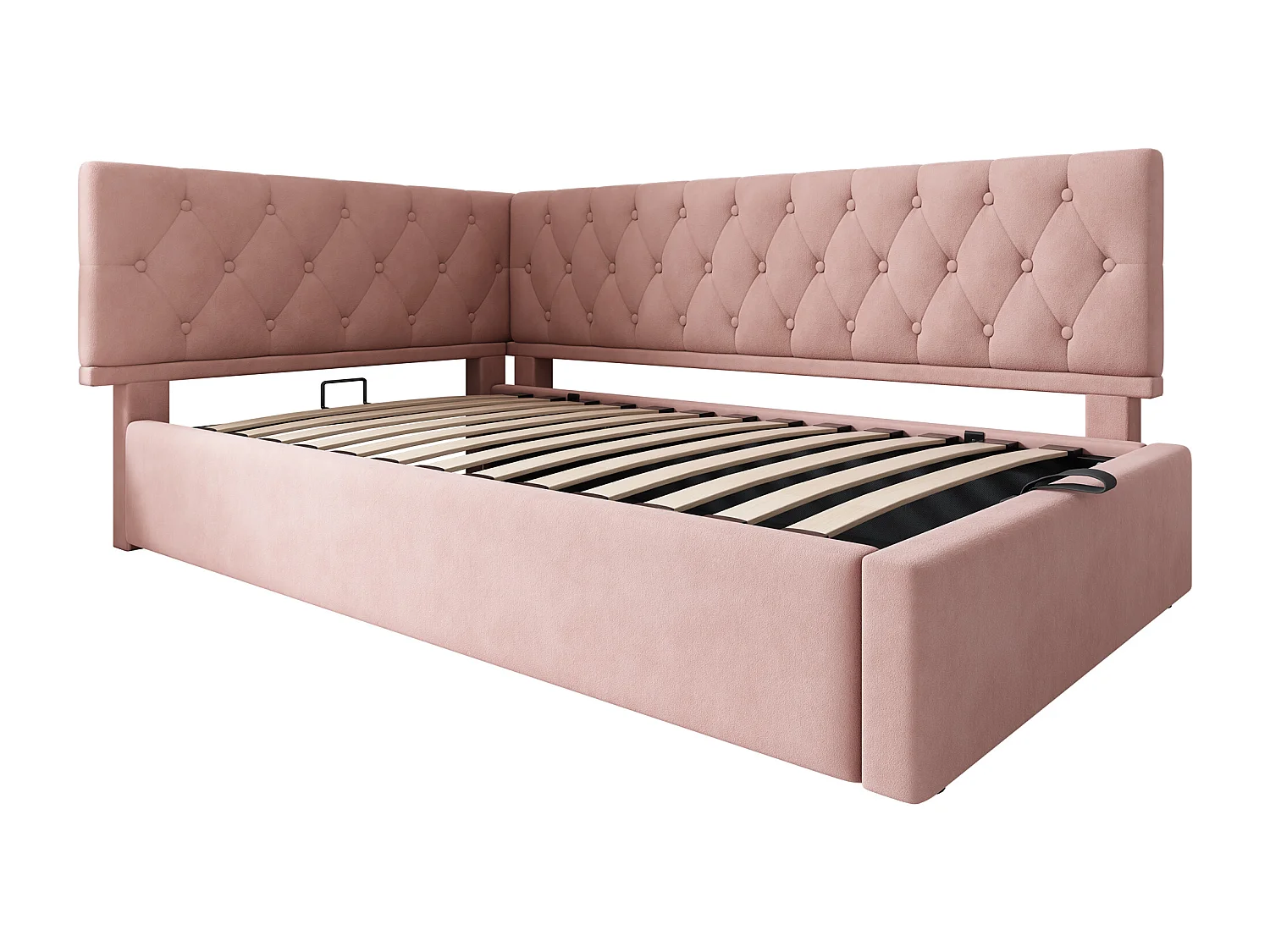 Lit coffre adulte 90x200cm designe L, Canapé-lit en velours rose, sans matelas