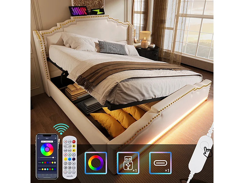 160x200cm Volwassen Opbergbed met LED-verlichting en USB Type-C, Beige Fluweel, Zonder Matras