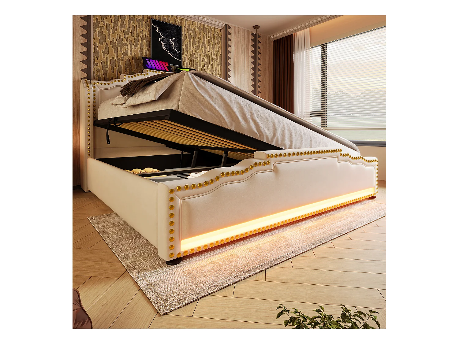 Lit coffre adulte 160x200cm avec LED et USB Type-C, velours, beige, sans matelas